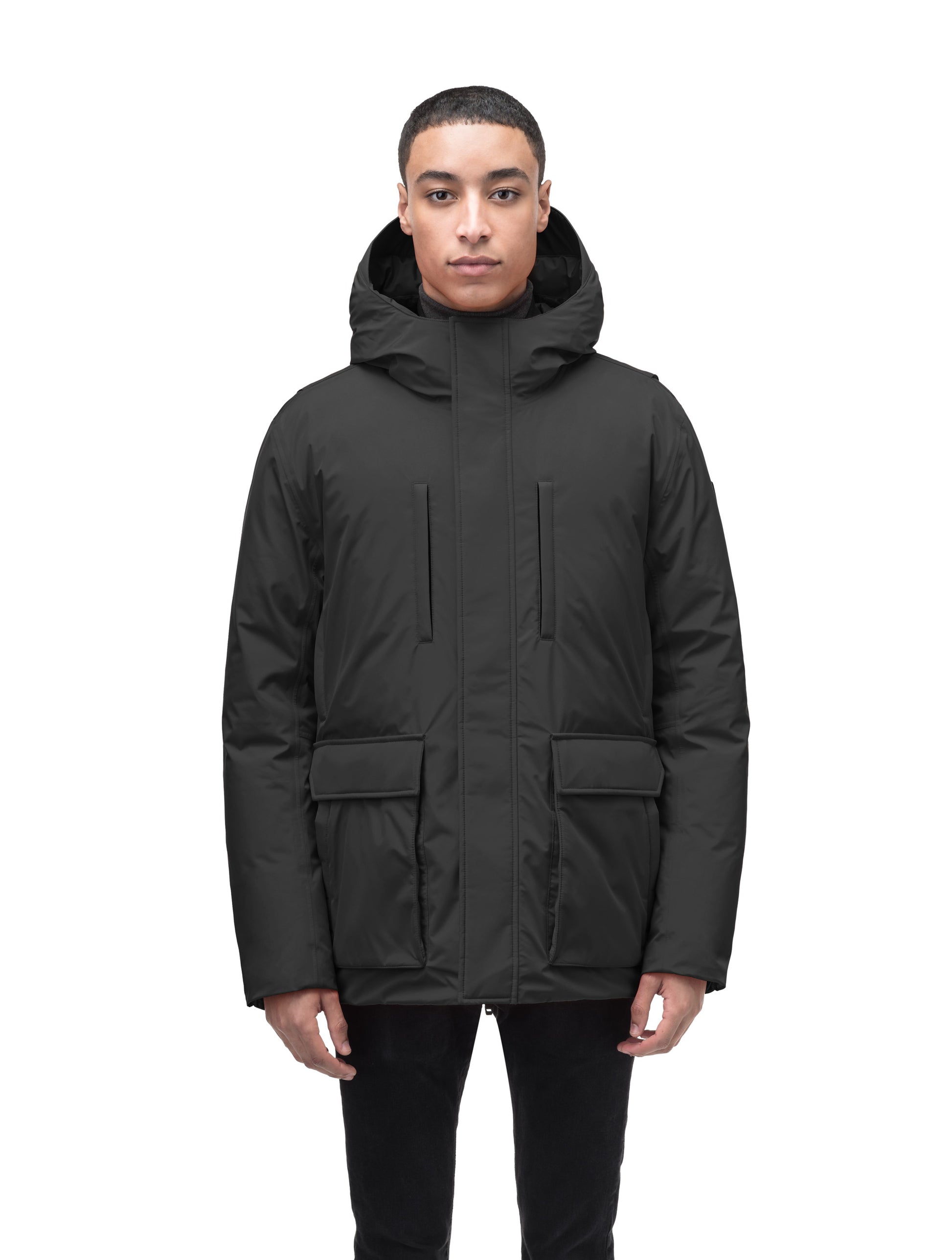 Geo Men's Short Parka in hip length, Canadian duck down insulation, non-removable hood, and two-way zipper, in Black