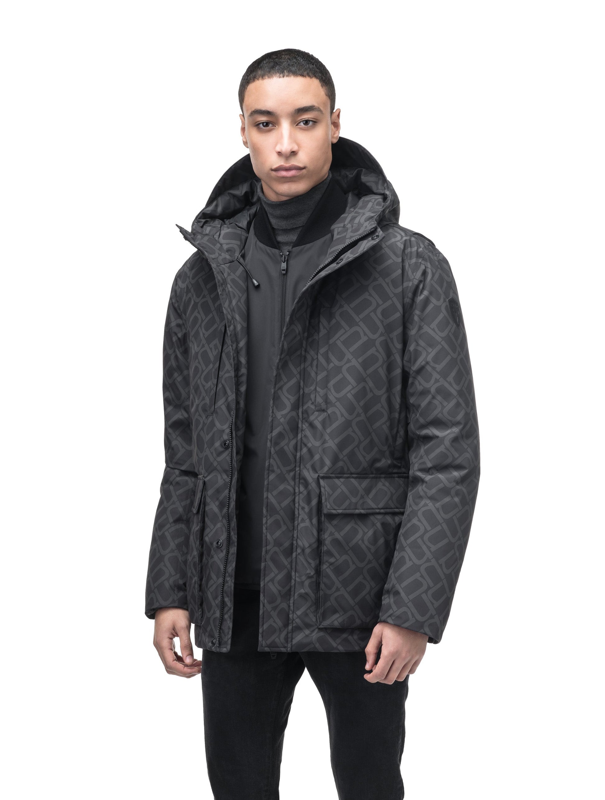 Geo Men's Short Parka in hip length, Canadian duck down insulation, non-removable hood, and two-way zipper, in Dark Monogram