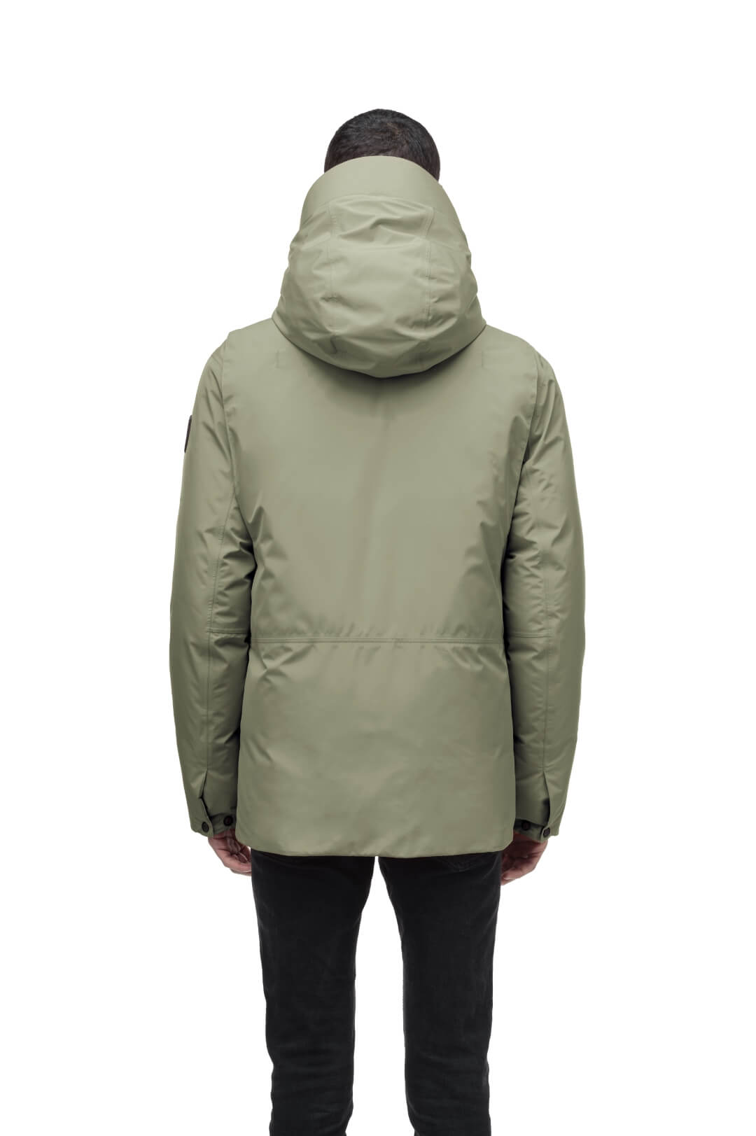 Geo Men's Short Parka in hip length, Canadian duck down insulation, non-removable hood, and two-way zipper, in Clover