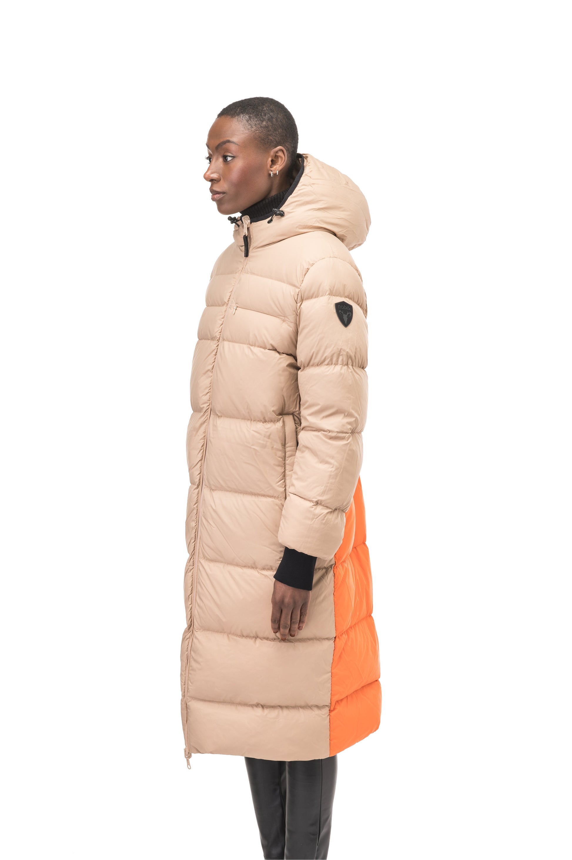 Ladies knee length reversible down-filled parka with non-removable hood in Fawn
