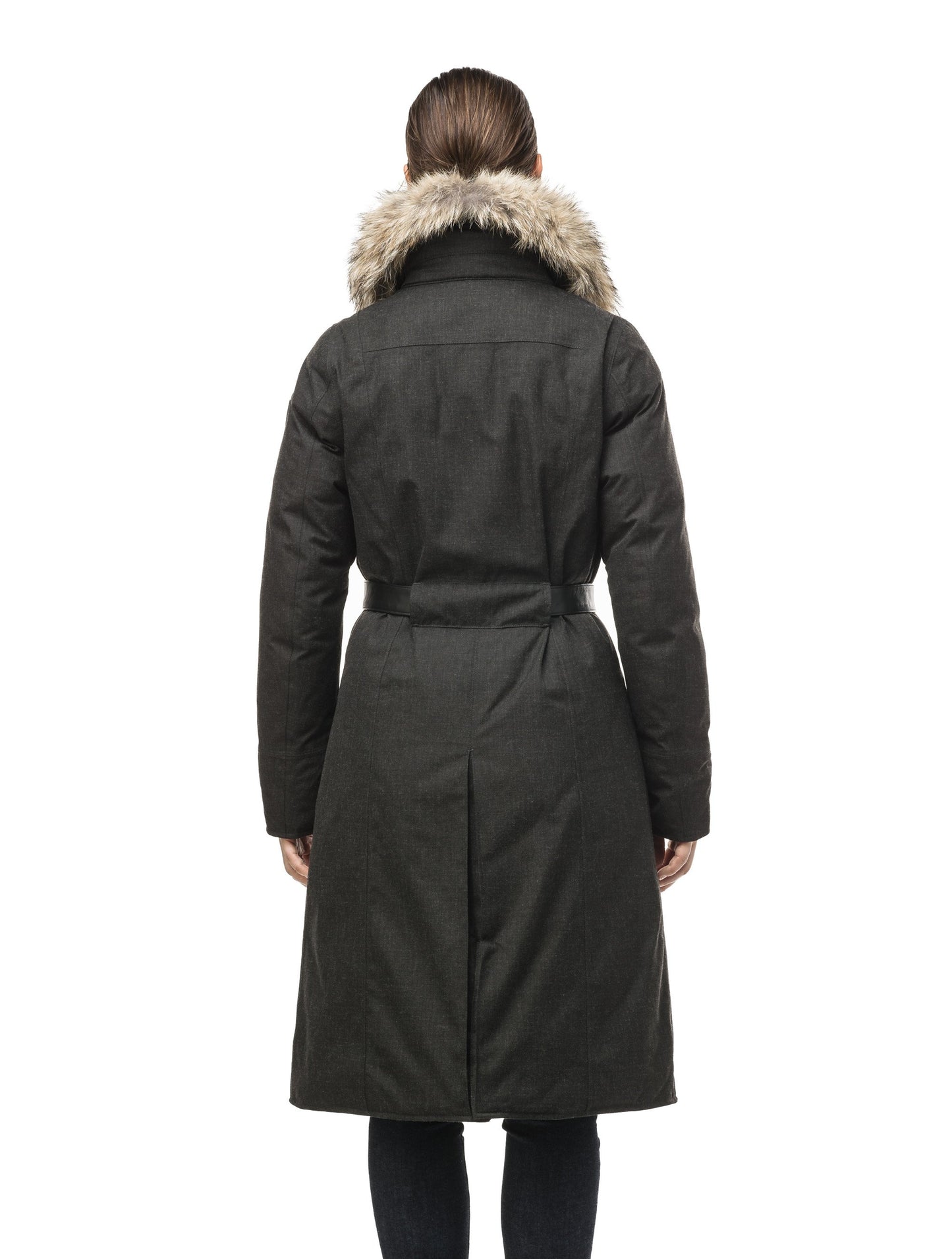 Women's lightweight down filled parka with a removable fur collar and a washable, Japanese DWR Leather belt in H. Black