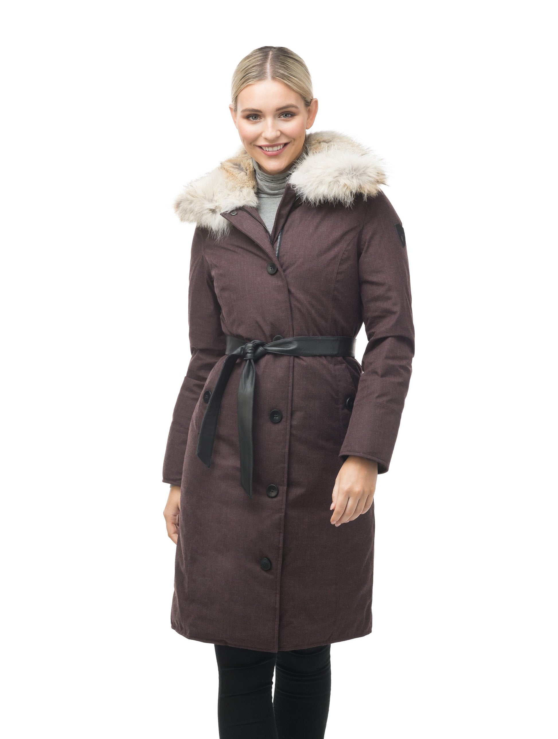 Women's lightweight down filled parka with a removable fur collar and a washable, Japanese DWR Leather belt in H. Burgundy