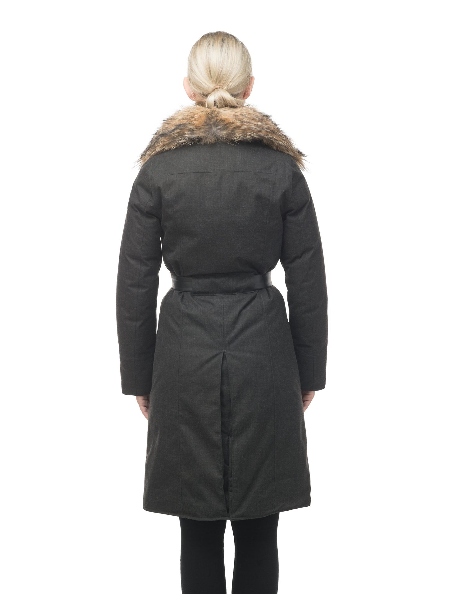 Women's lightweight down filled parka with a removable fur collar and a washable, Japanese DWR Leather belt in H. Charcoal, H Black, or H Burgundy