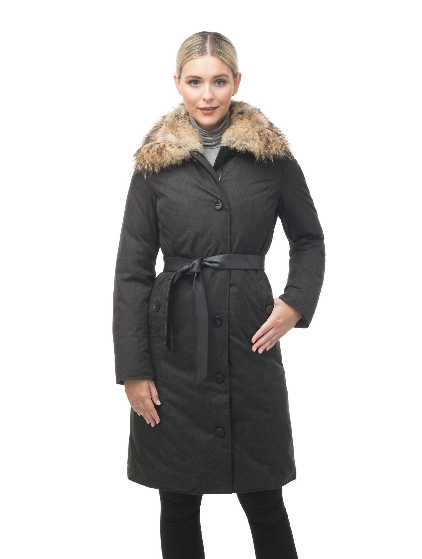 Women's lightweight down filled parka with a removable fur collar and a washable, Japanese DWR Leather belt in H. Charcoal