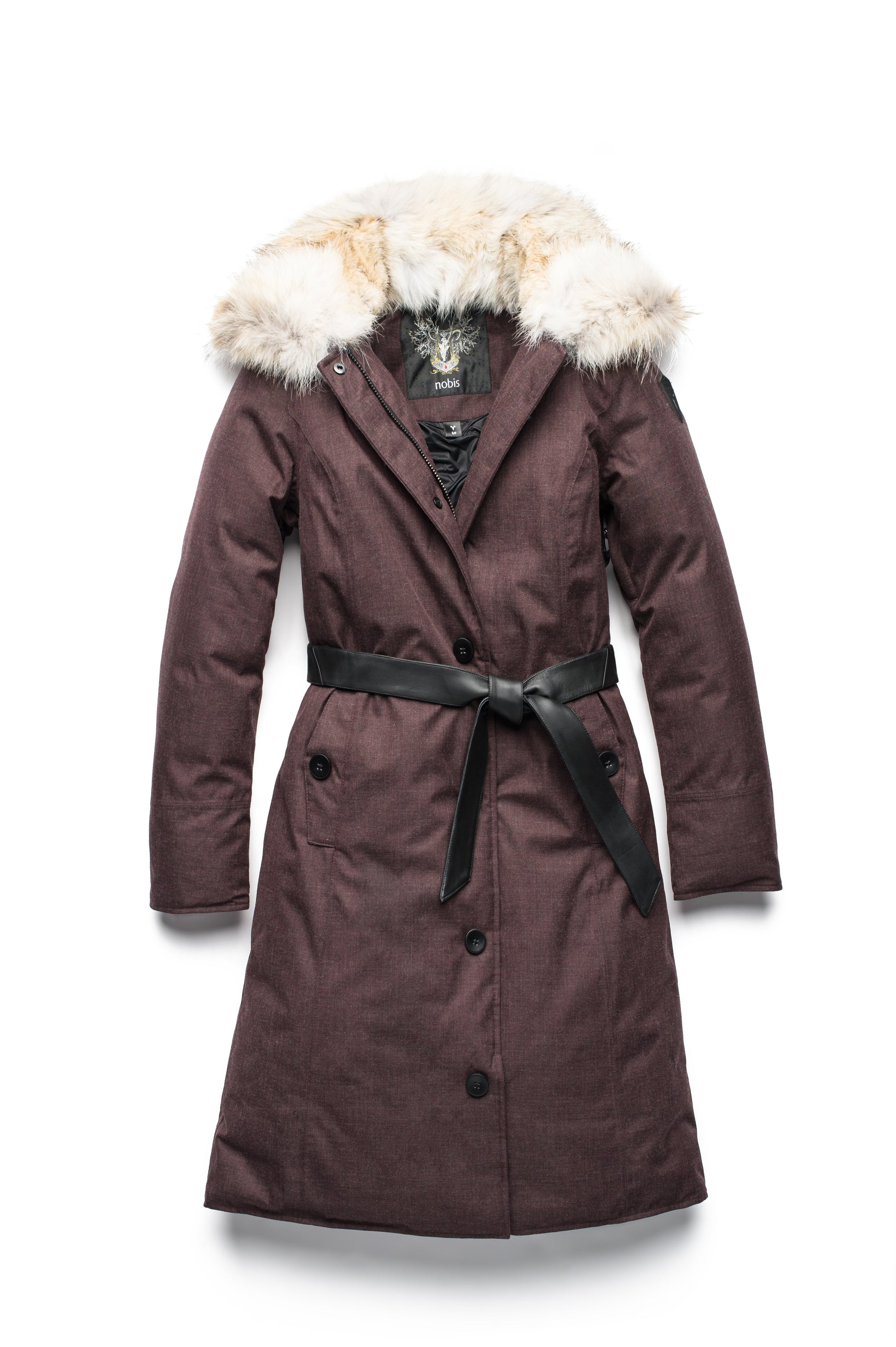Women's lightweight down filled parka with a removable fur collar and a washable, Japanese DWR Leather belt in H. Burgundy
