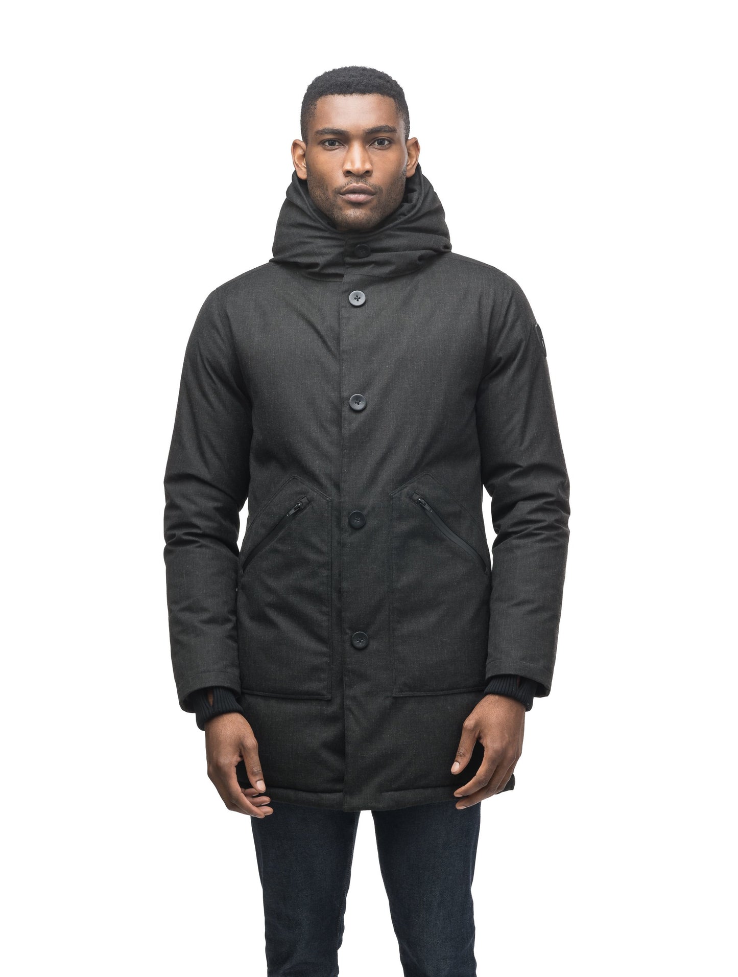 Men's fur free hooded parka with zipper and button closure placket featuring two oversized front pockets in H. Black