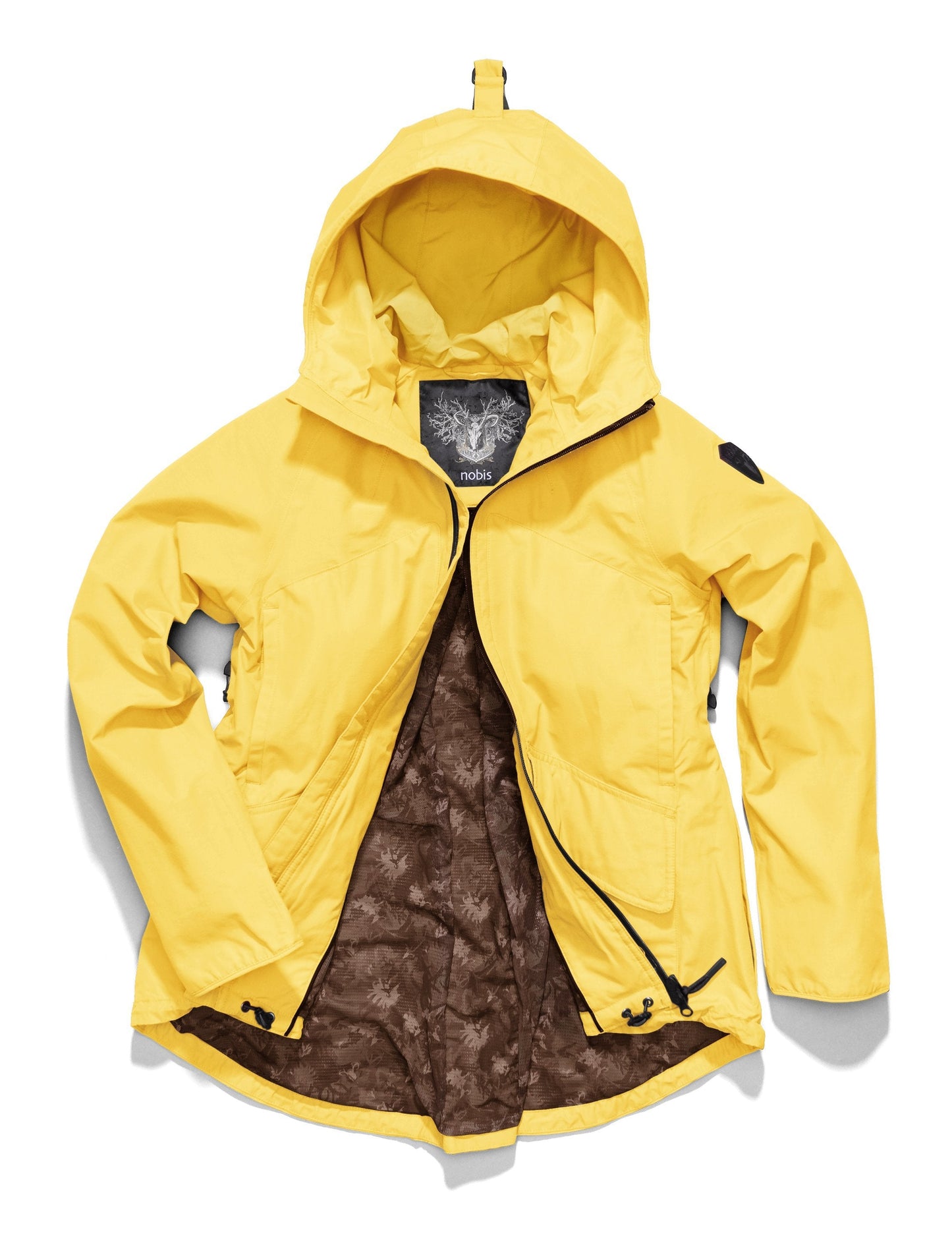 Women's hooded rain jacket with high low hem in Citron