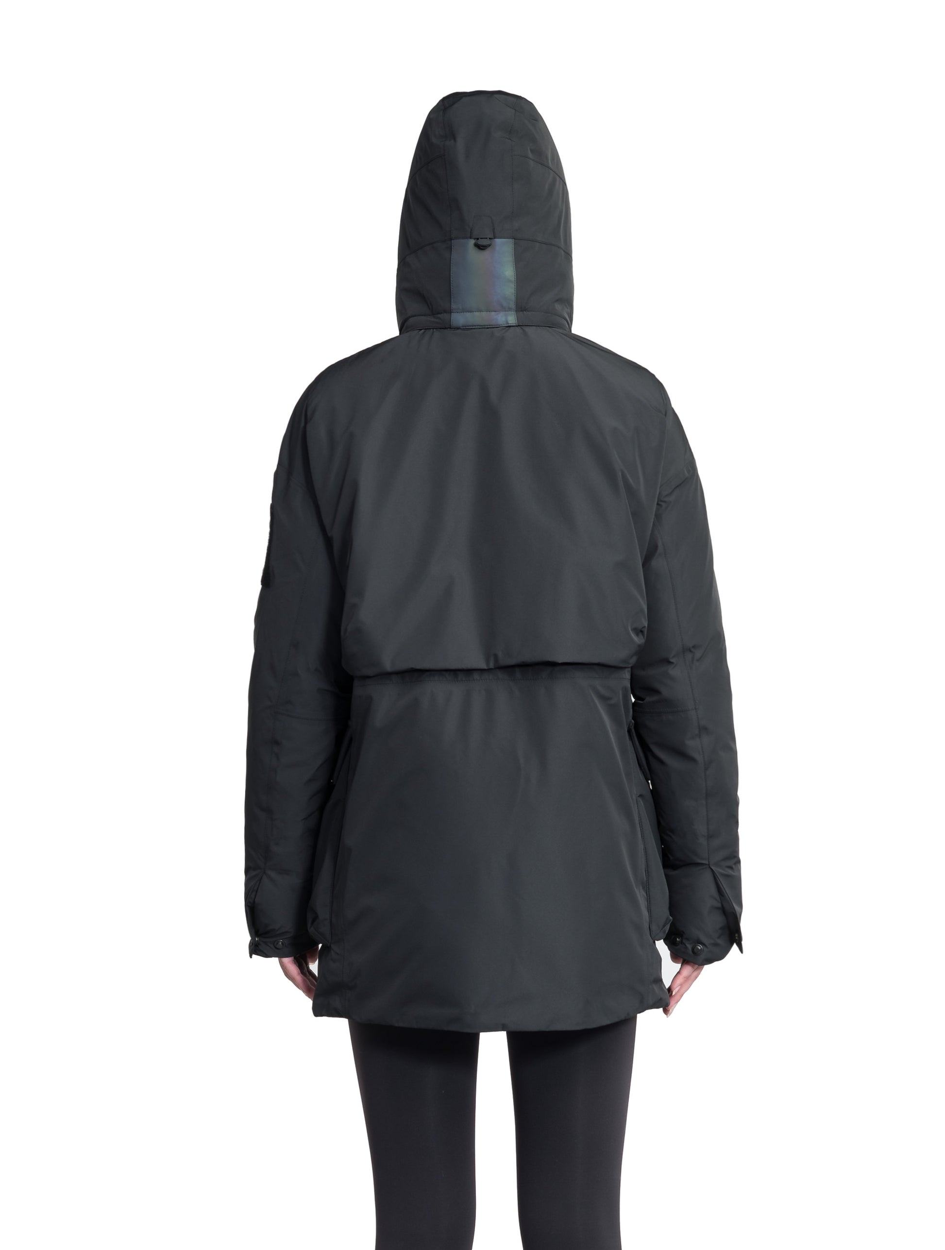 Haelyn Ladies Short Utility Parka in thigh length, 3-Ply Micro Denier fabrication, Premium Canadian White Duck Down insulation, removable down-filled hood, two-way centre front zipper, hidden adjustable cord at waist, adjustable snap cuffs, and four exterior patch pockets at front, in Black
