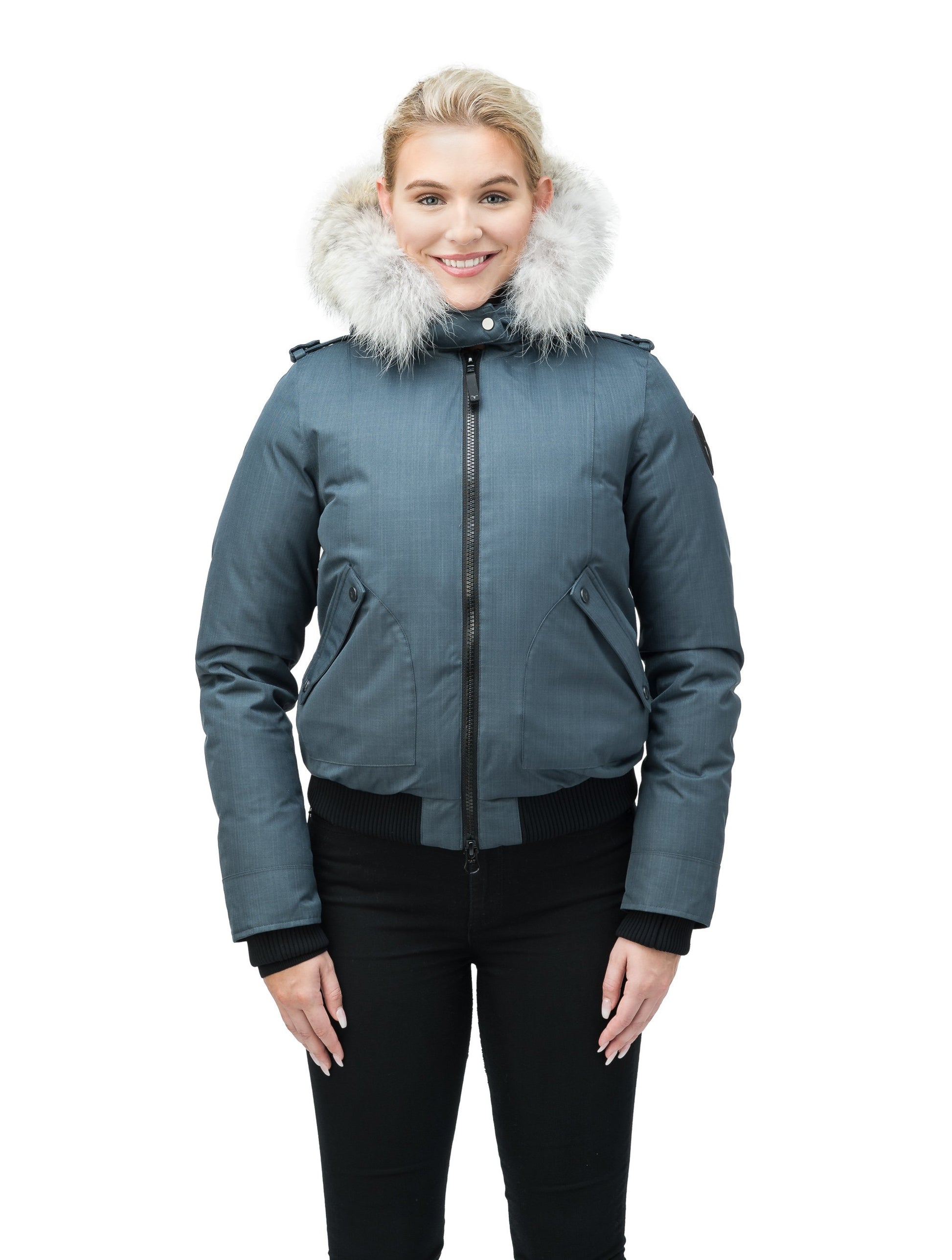 Women's bomber style down filled jacket with a removable hood and fur trim in CH Balsam