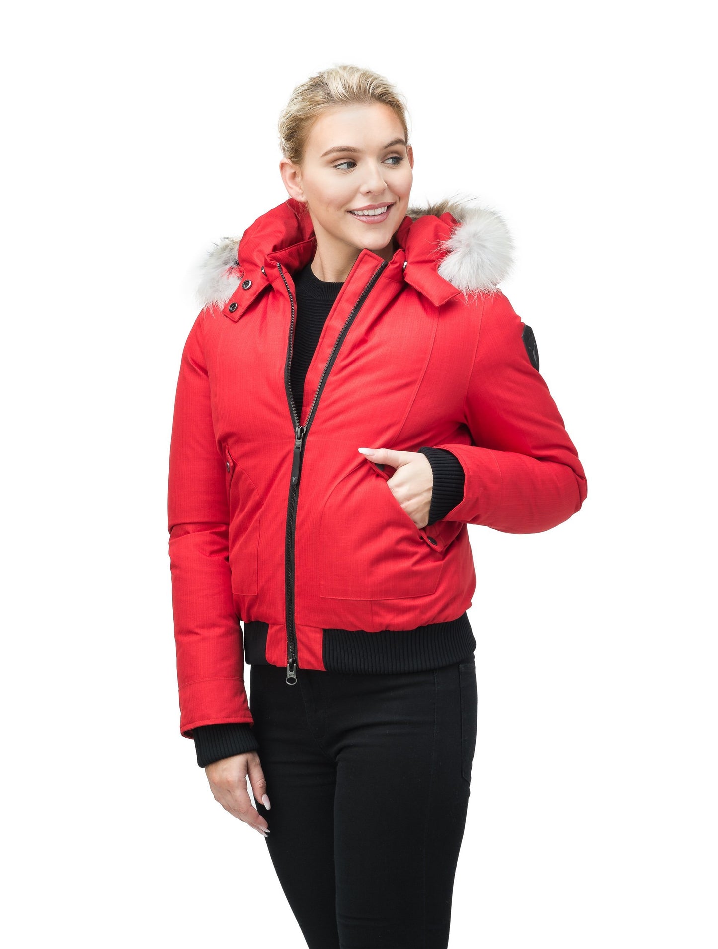 Women's bomber style down filled jacket with a removable hood and fur trim in CH Red
