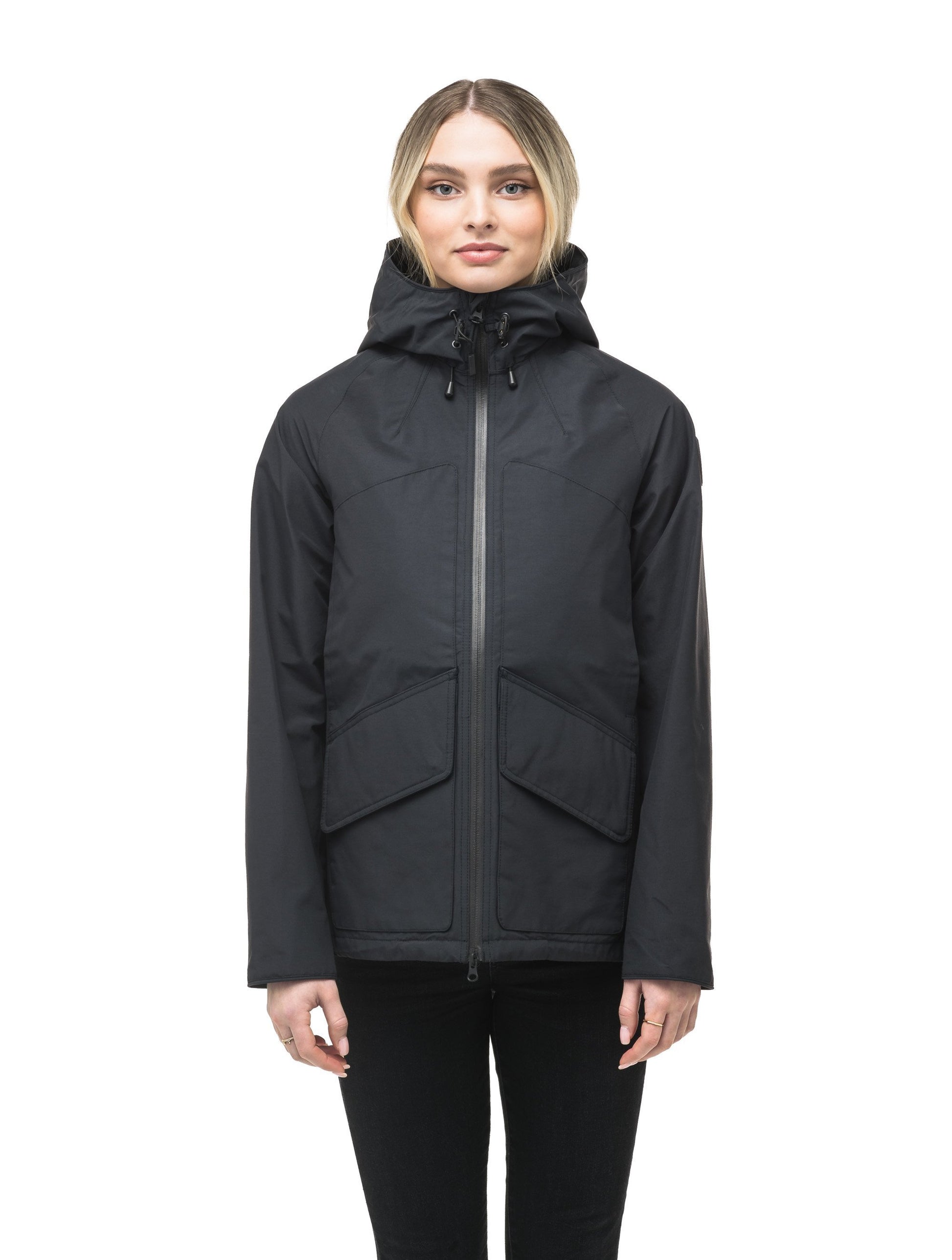 Women's hooded rain jacket with high low hem in Black