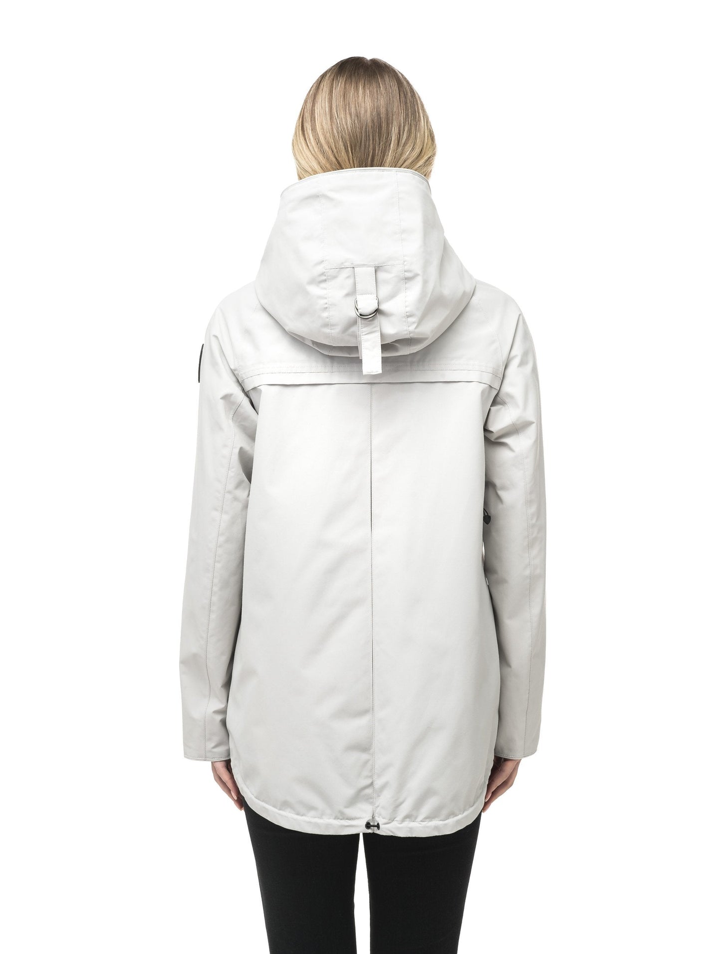 Women's hooded rain jacket with high low hem in Light Grey