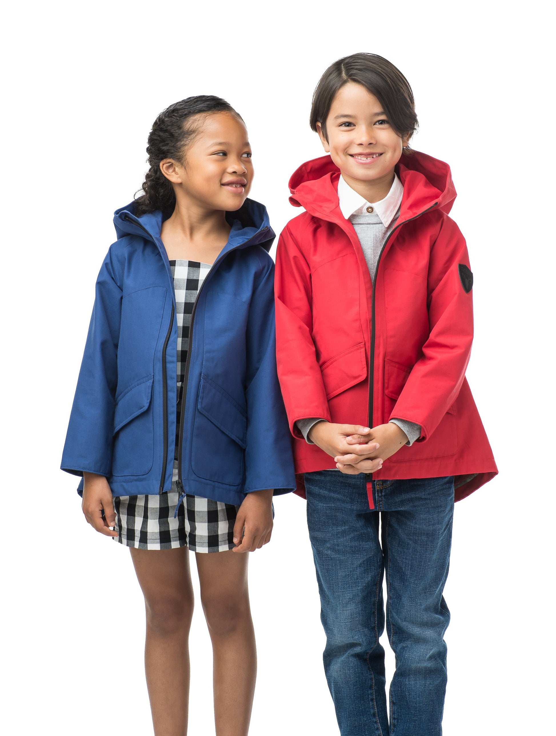 Kid's hip length fishtail rain jacket with hood in Royal, or Red