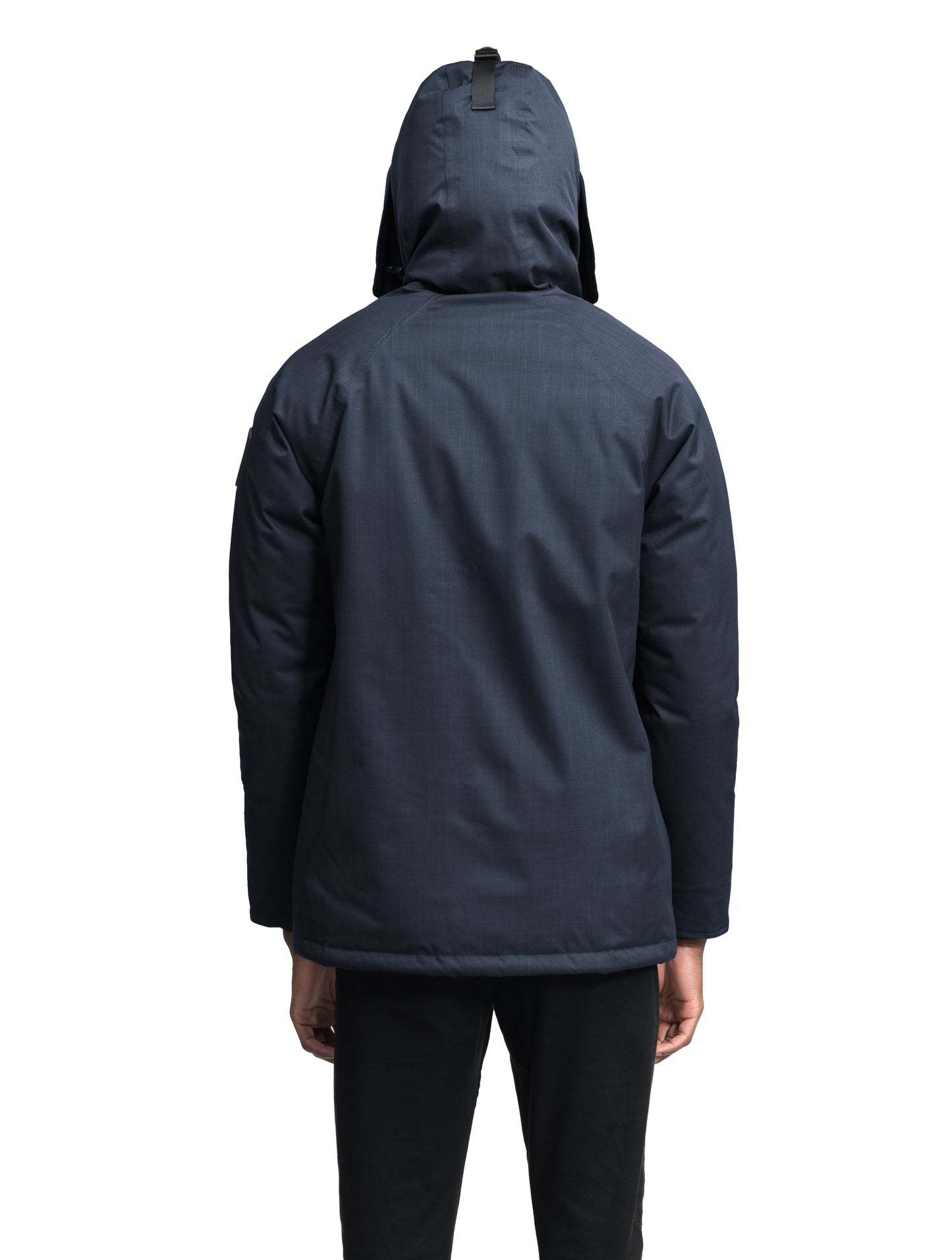 Heritage Furless Men's Parka in hip length, Canadian white duck down insulation, non-removable hood, front zipper with magnetic placket, chest hand warmer pockets, waist flap pockets, and elastic cuffs, in Navy