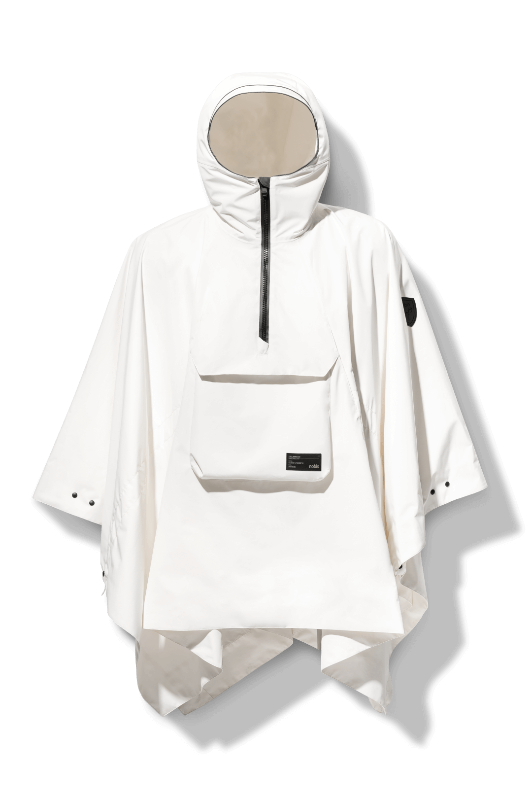 Hydra Unisex Performance Poncho in thigh length, non-removable hood, vertical half-zipper along centre front collar, hidden side-entry waist zipper pockets, adjustable webbing straps and snap closure cuffs, and packable to front kangaroo pocket with flap opening, in Chalk