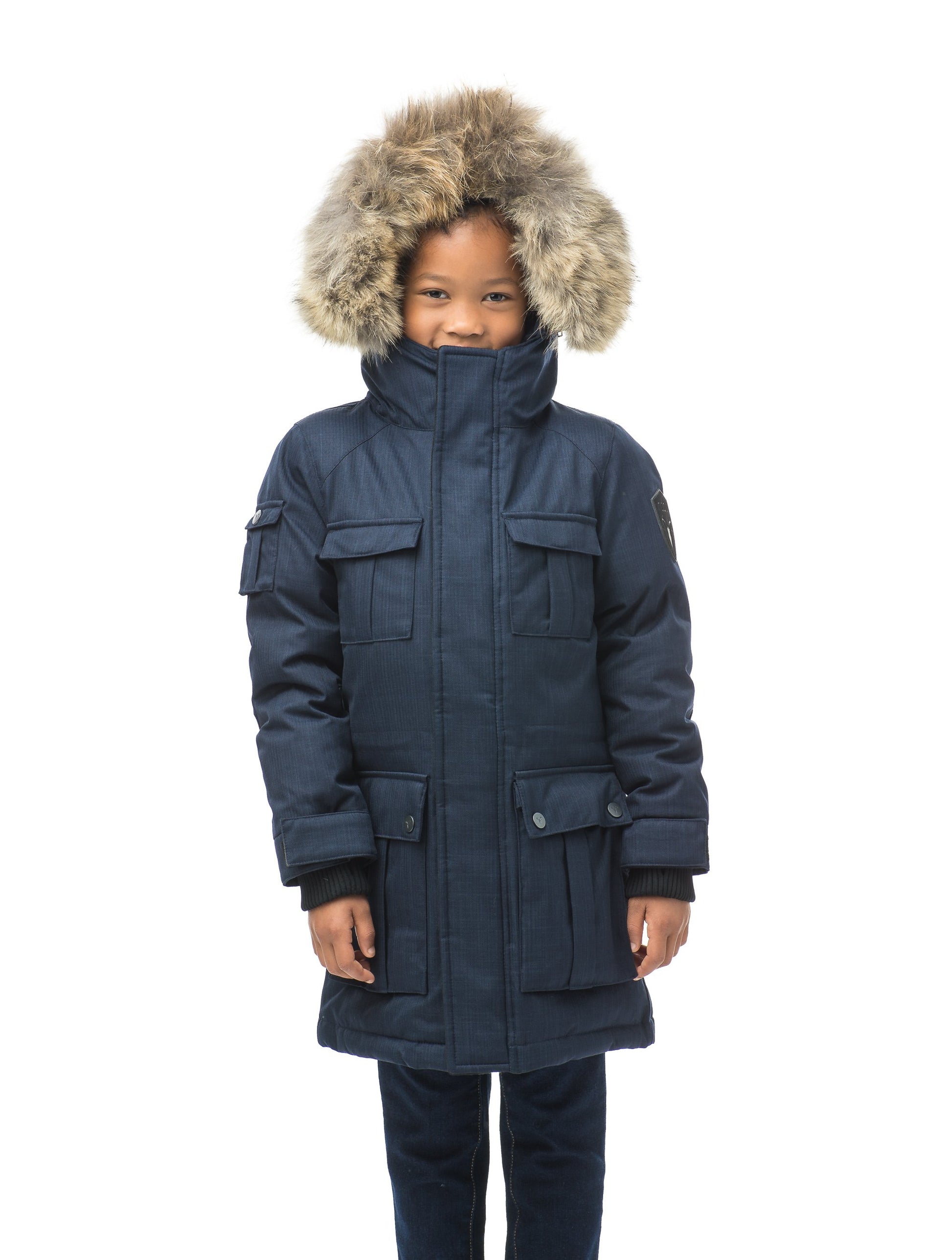 Kid's knee length parka with magnetized closure in CH Navy