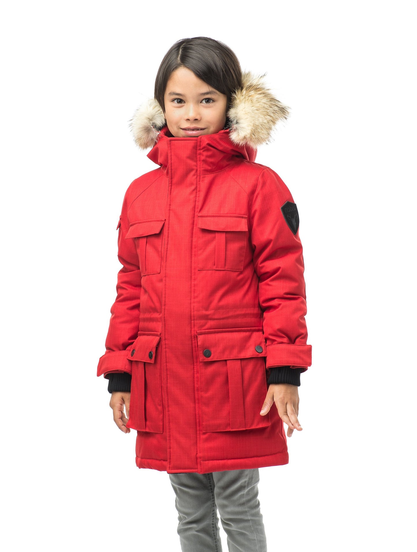 Kid's knee length parka with magnetized closure in CH Red