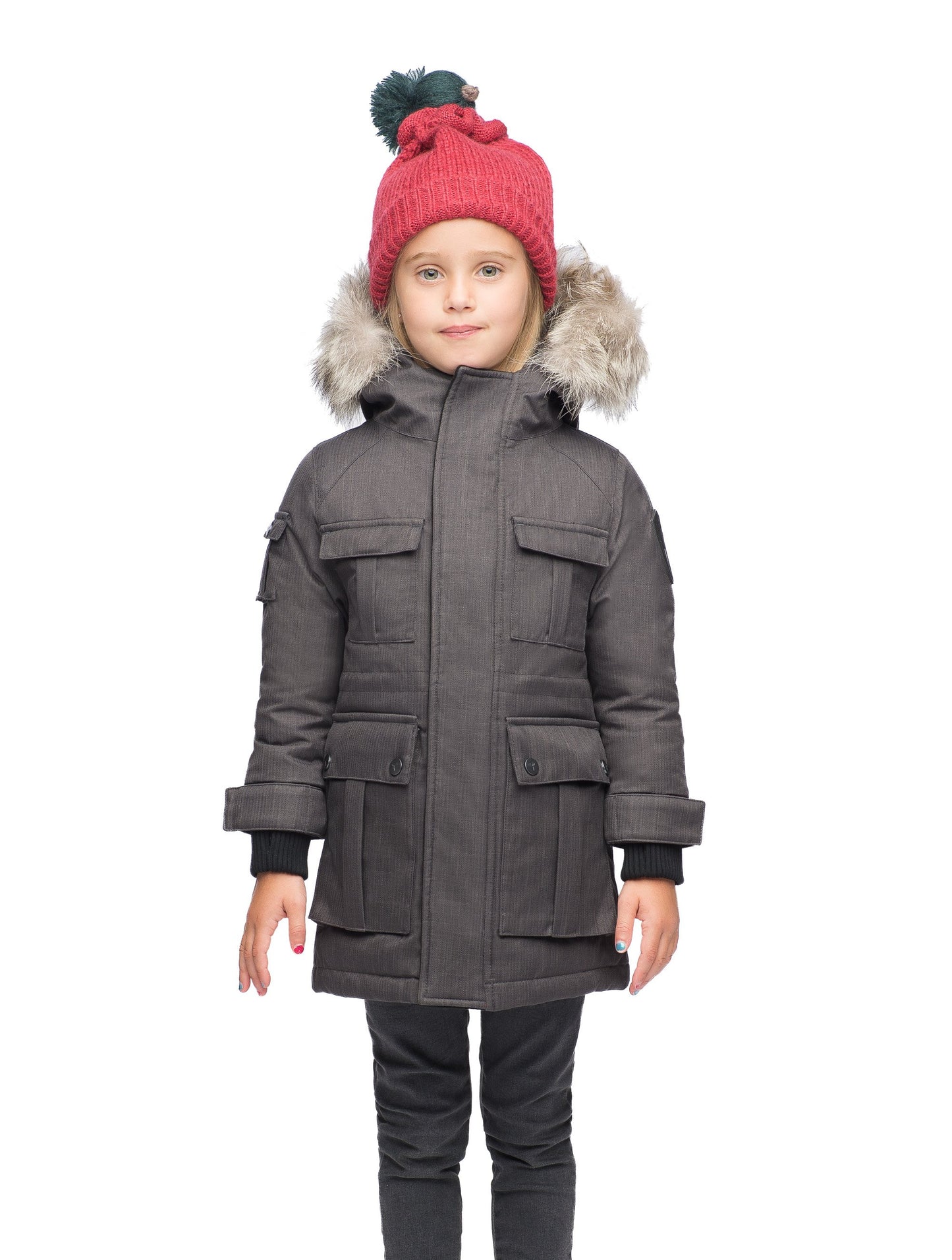 Kid's knee length parka with magnetized closure in CH Steel Grey