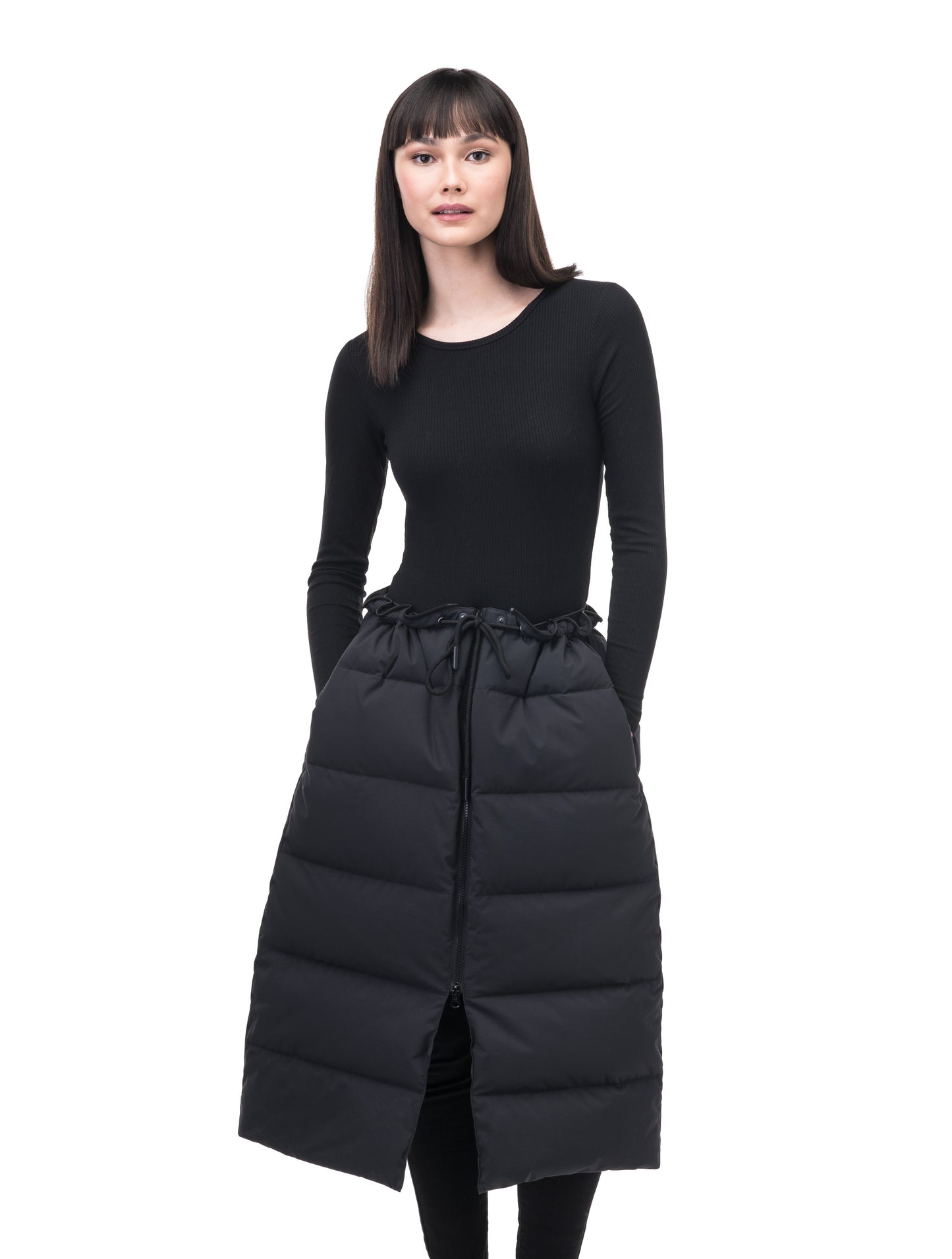 Forma Ladies 2-in-1 Long Quilted Jacket in below the knee length, quilted body, soft ribbed cuffs, removable shearling collar and pockets, and removable cinchable skirt, in Black