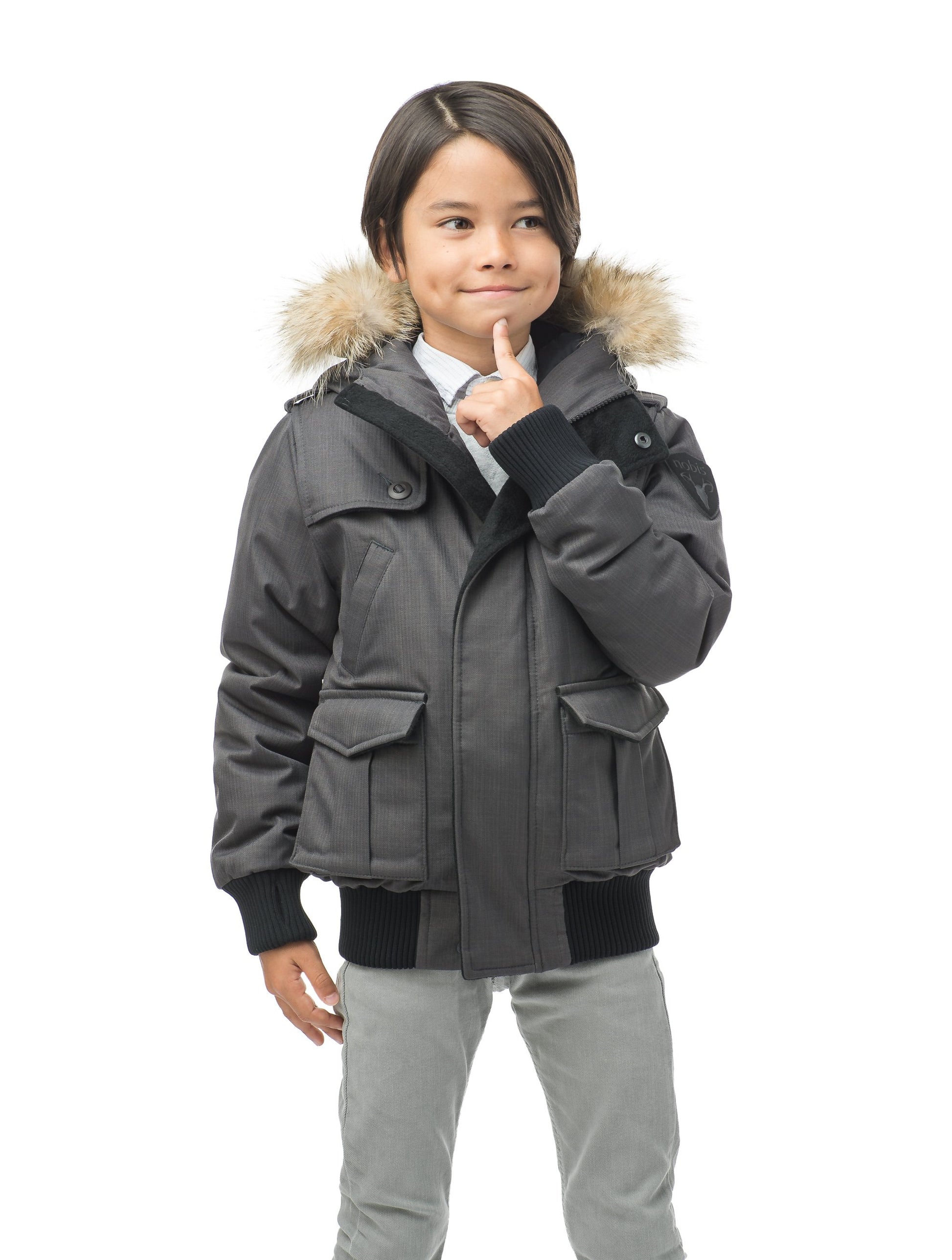 Kid's waist length down bomber jacket with fur trim hood in CH Steel Grey