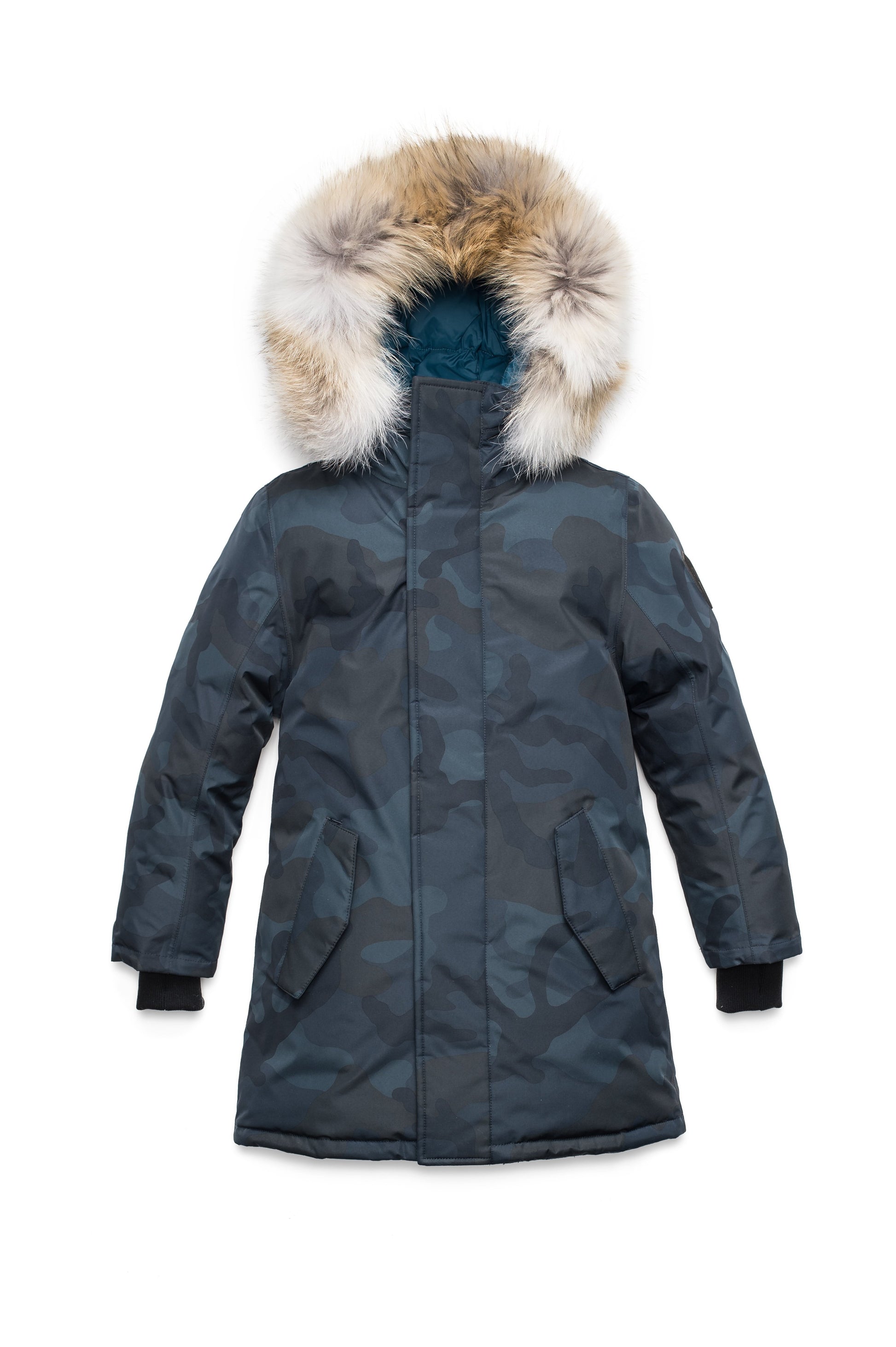 Kids' thigh length down-filled parka with non-removable hood and removable coyote fur trim in Navy Camo