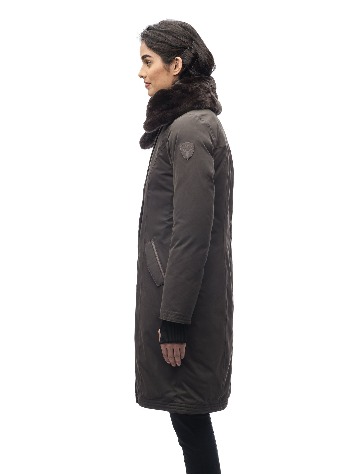 Women's down filled overcoat with fur trim in Dark Brown