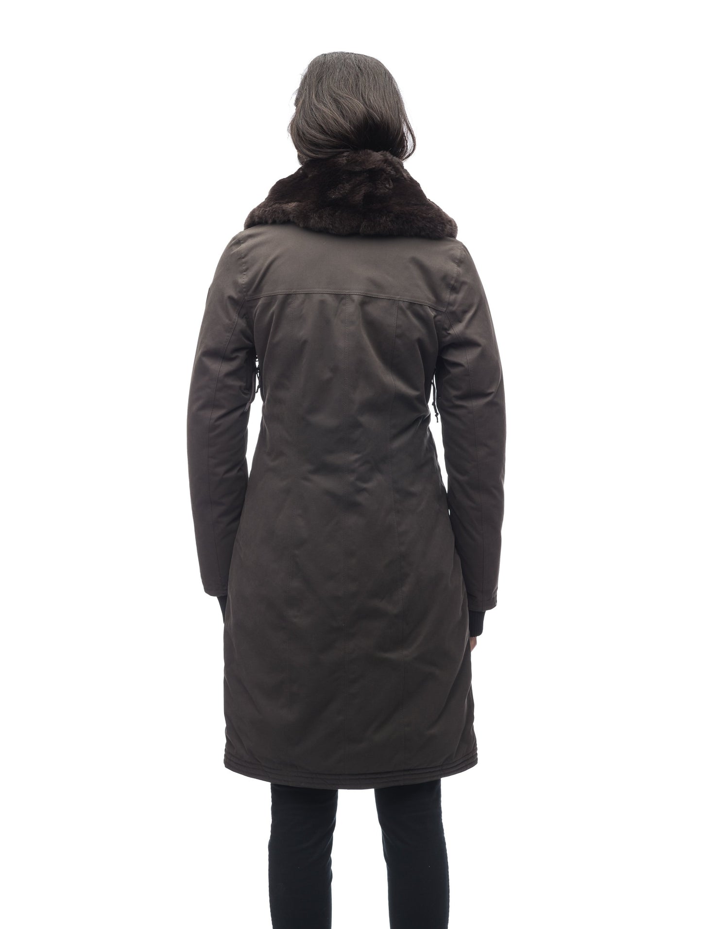 Women's down filled overcoat with fur trim in Dark Brown