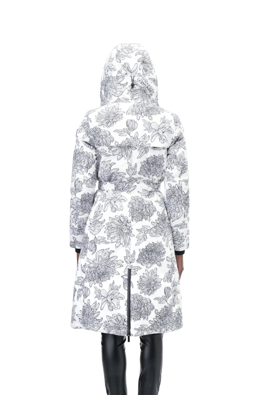 Long calf length hooded women's winter parka with an inner hip length closure, exterior hem length zipper and magnetic placket in White Floral