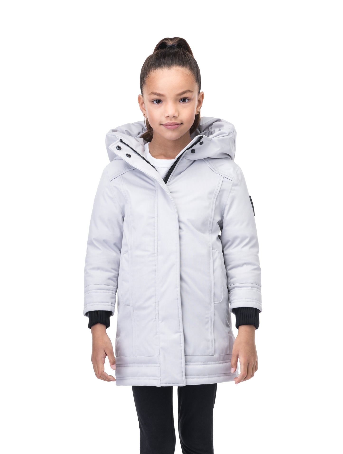 Kid's knee length down coat with fur free hood in Light Grey