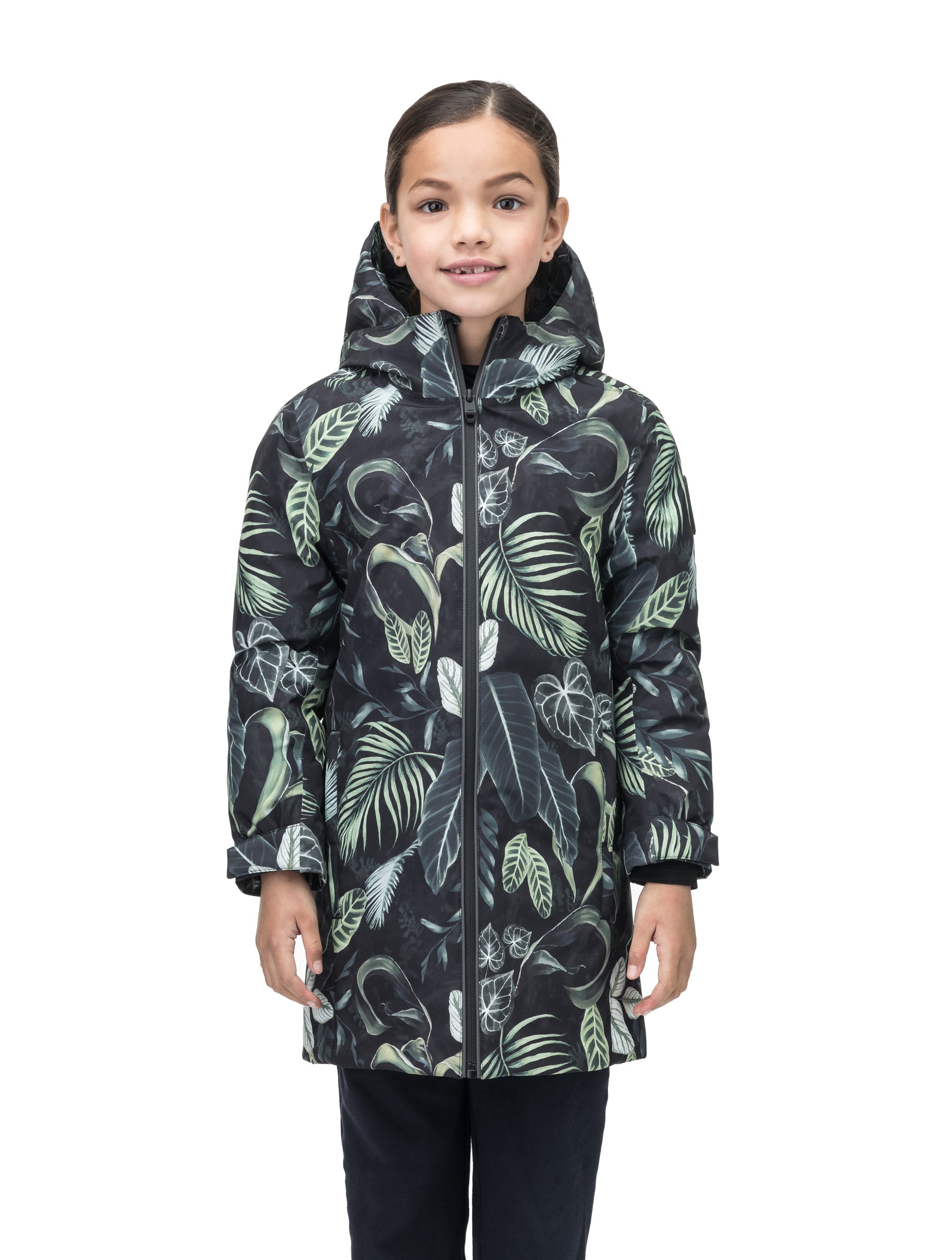 Little Comet Kids Parka in thigh length, Canadian duck down insulation, non-removable hood, two-way front zipper, packable body, in Foliage