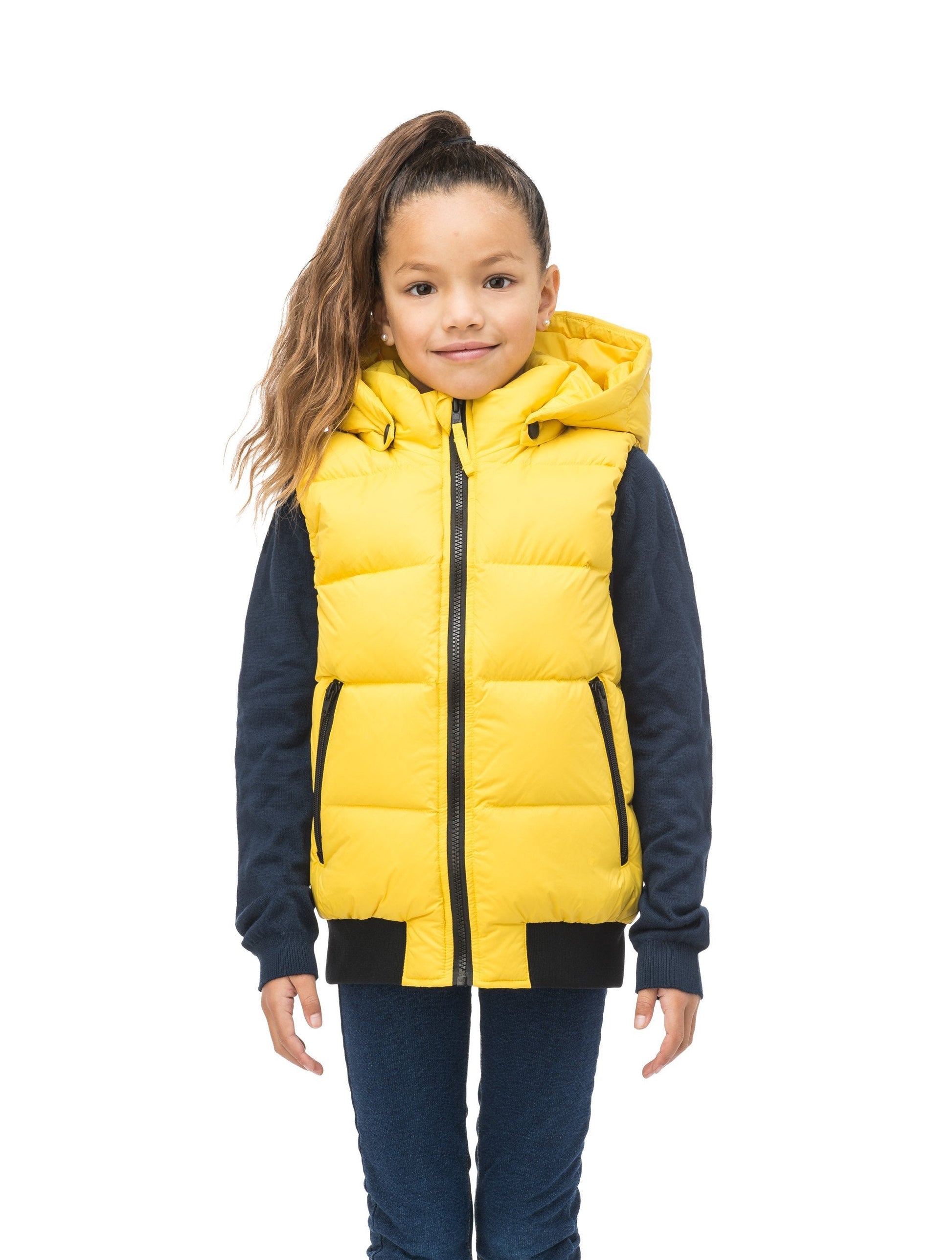 Sleeveless down filled kids vest with a hood and contrast zipper details in yellow Citron