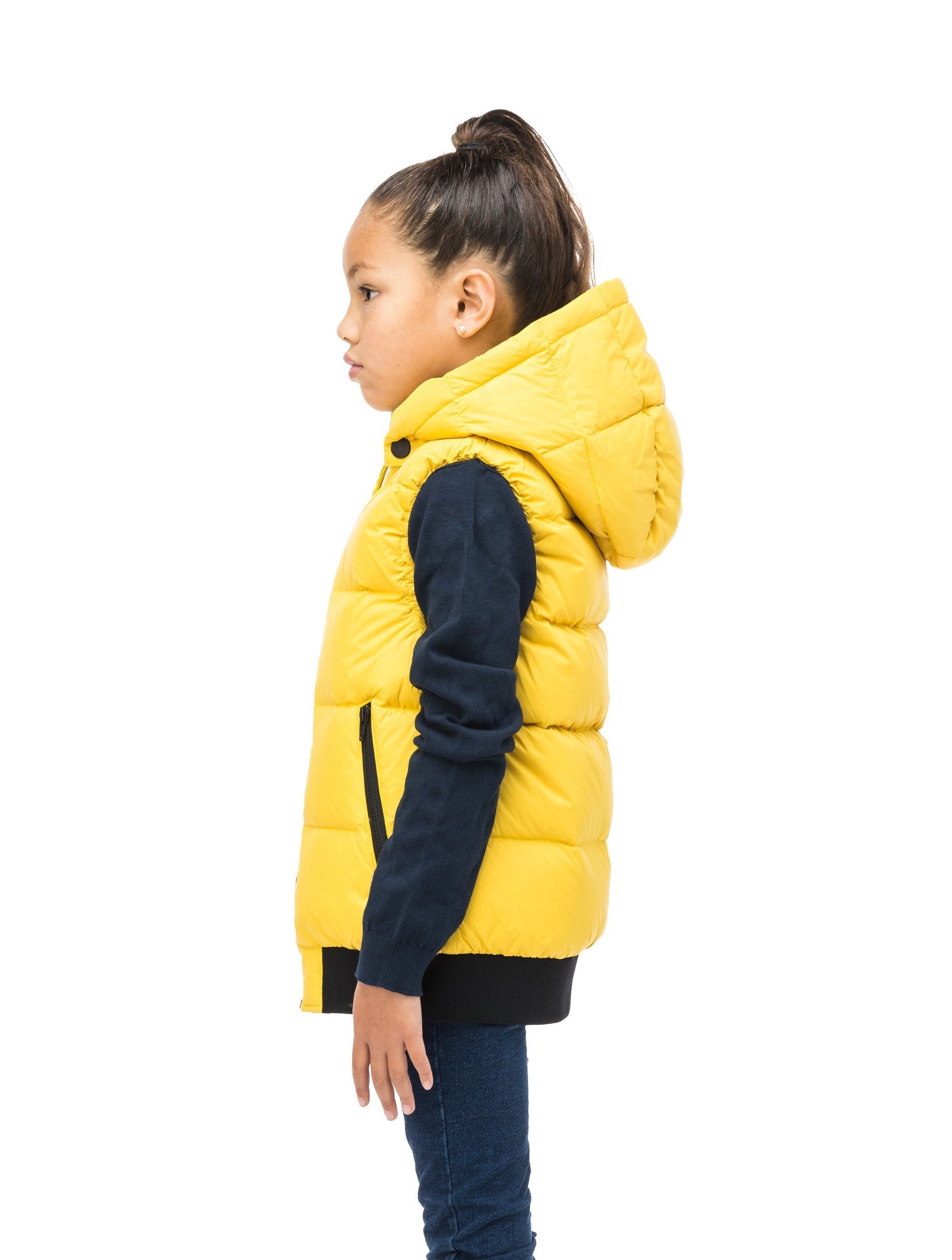 Sleeveless down filled kids vest with a hood and contrast zipper details in yellow Citron
