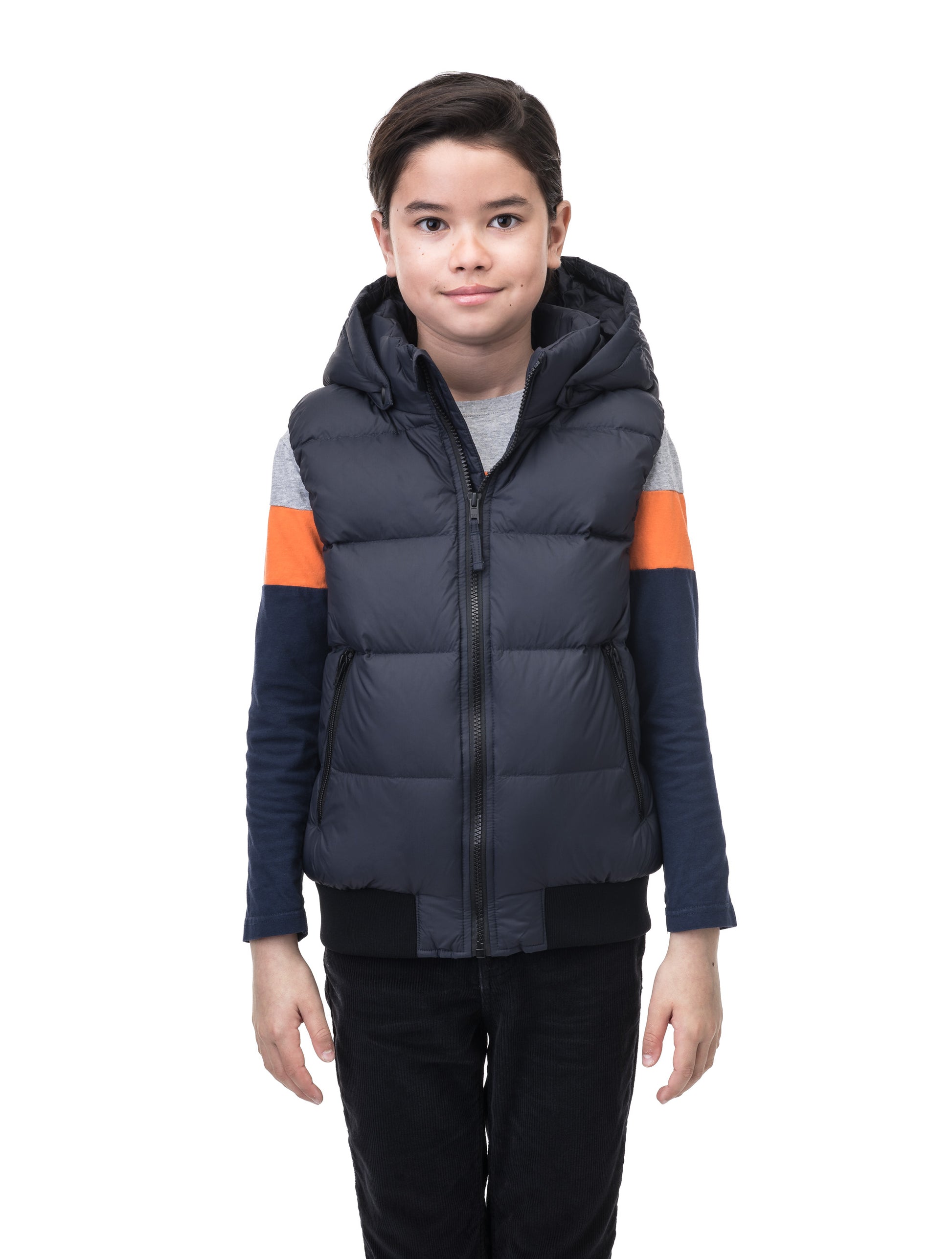 Sleeveless down filled kids vest with a hood and contrast zipper details in Navy