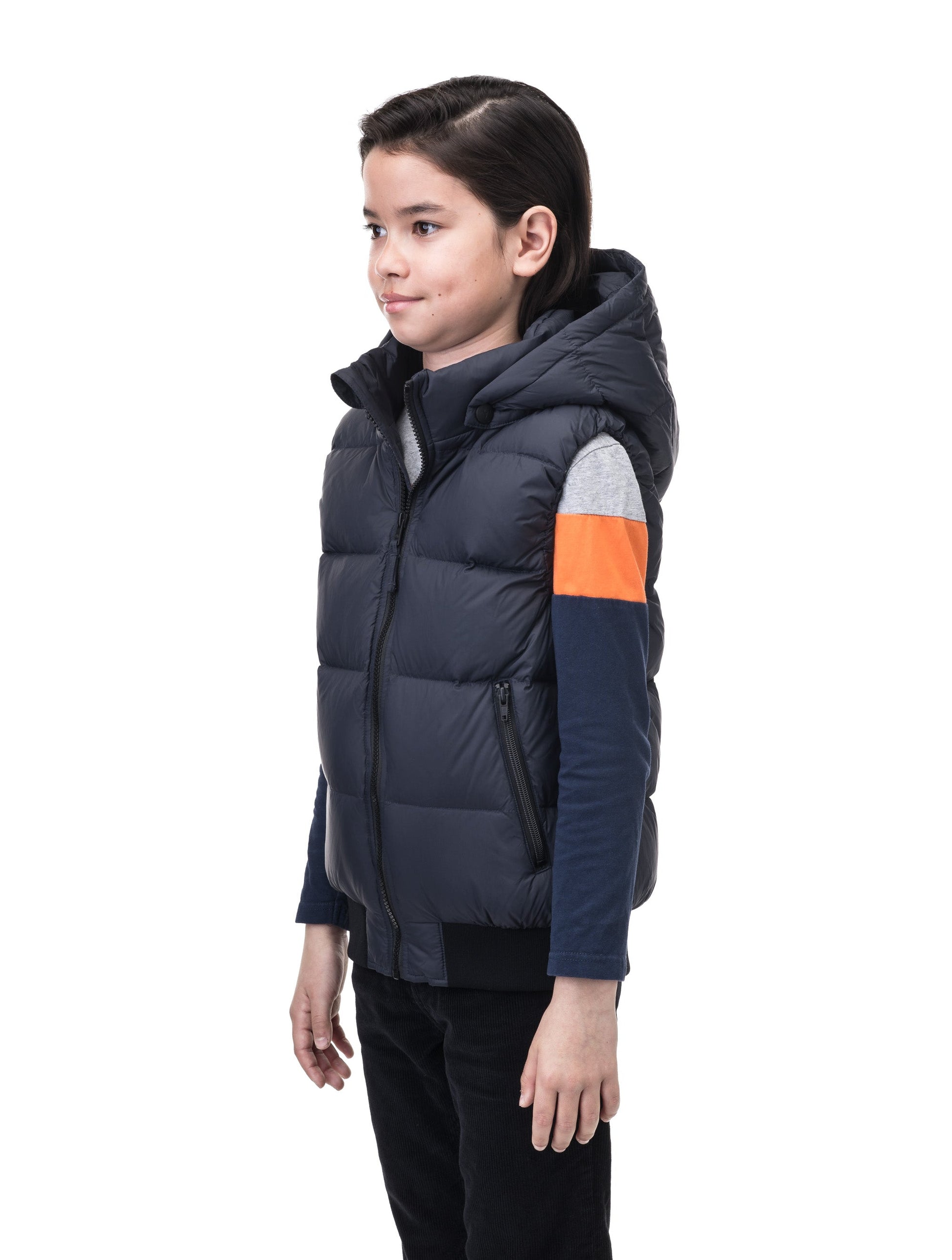 Sleeveless down filled kids vest with a hood and contrast zipper details in Navy