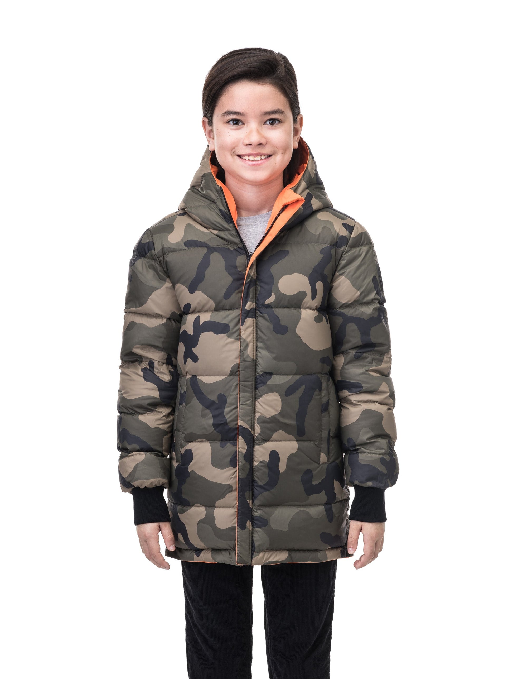 Kids' reversible knee length, down filled parka with waterproof finish in Atomic/Camo