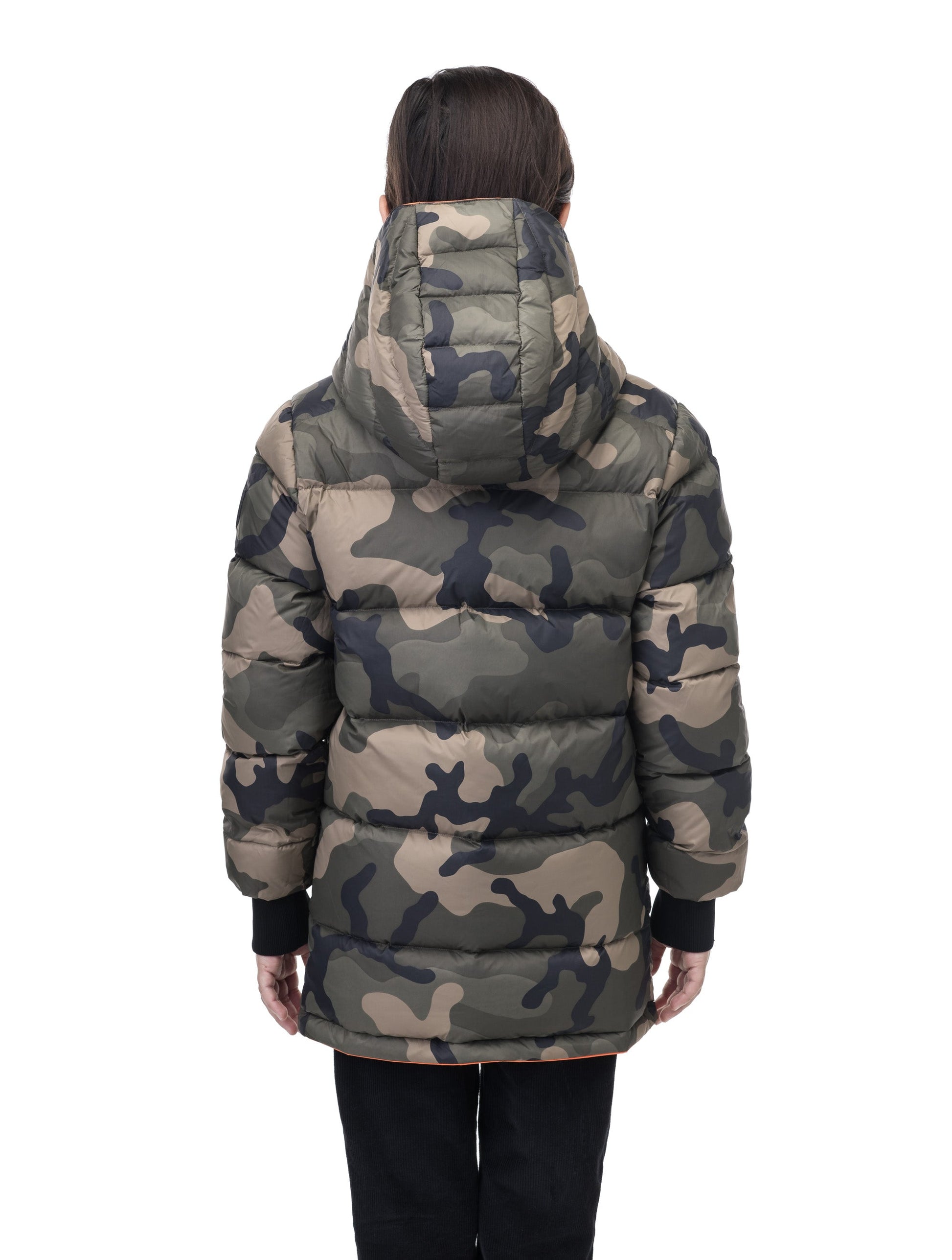 Kids' reversible knee length, down filled parka with waterproof finish in Atomic/Camo