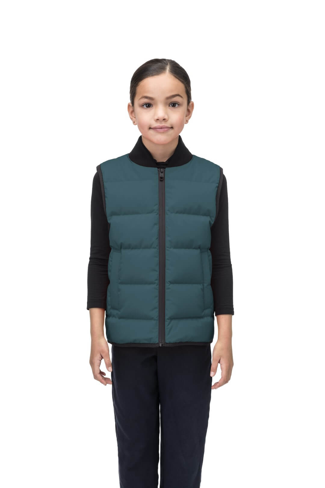 Little Pluto Kids Mid Layer Vest in hip length, Canadian duck down insulation, ribbed collar, two-way front zipper, and quilted body, in Pine