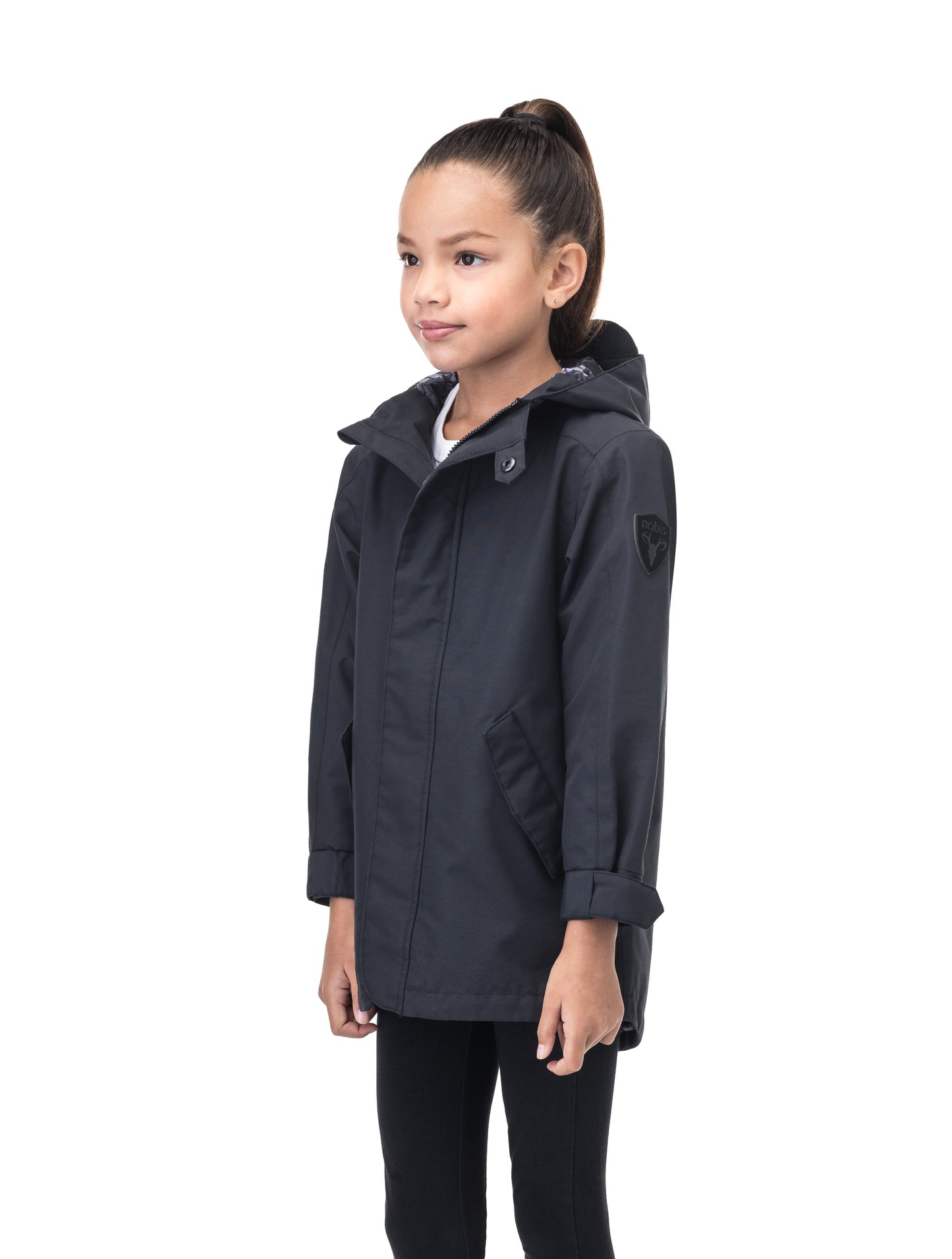 Kids' hip length raincoat with hood in Black