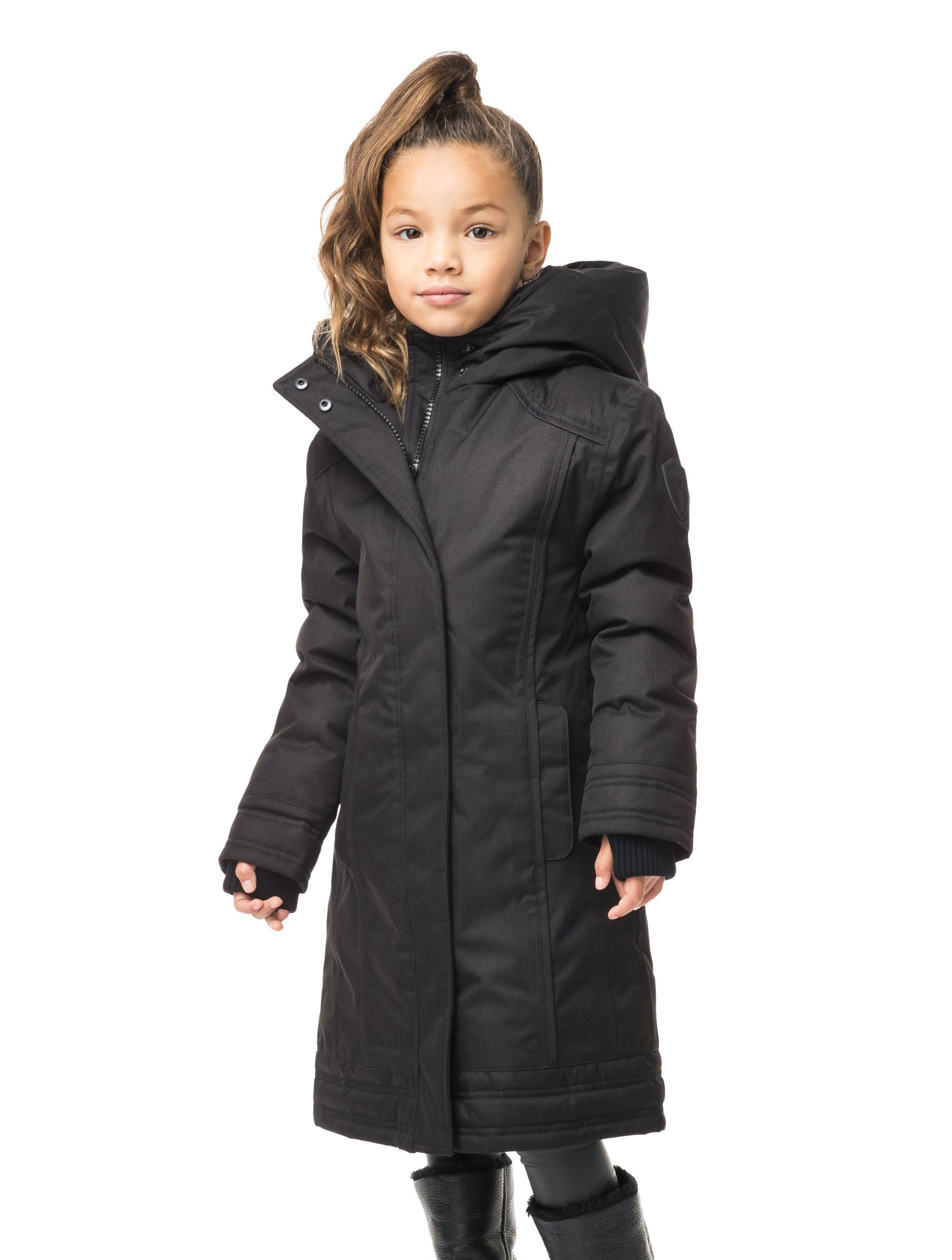 Kid's knee length down coat with fur free hood in Black