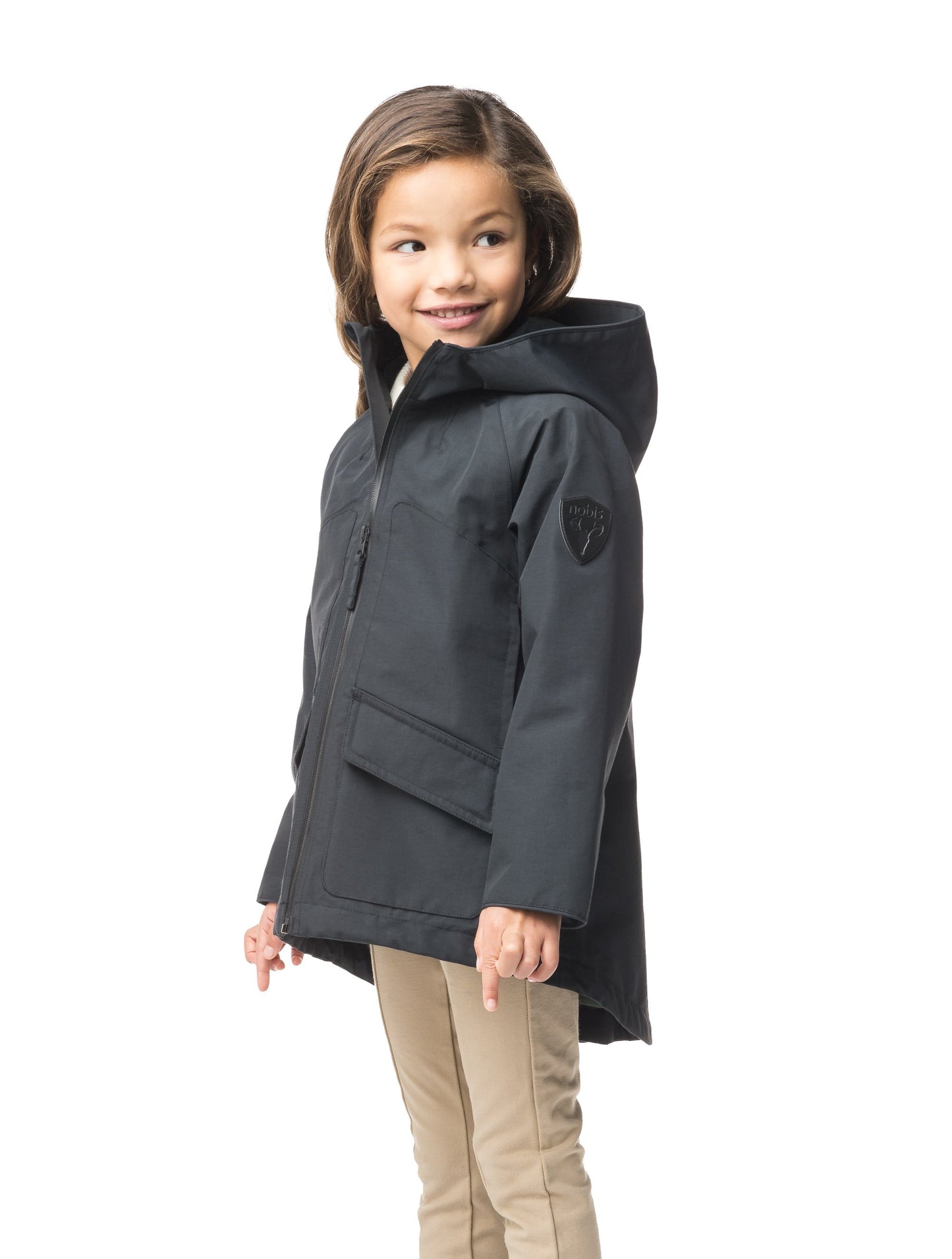 Kid's hip length fishtail rain jacket with hood in Black