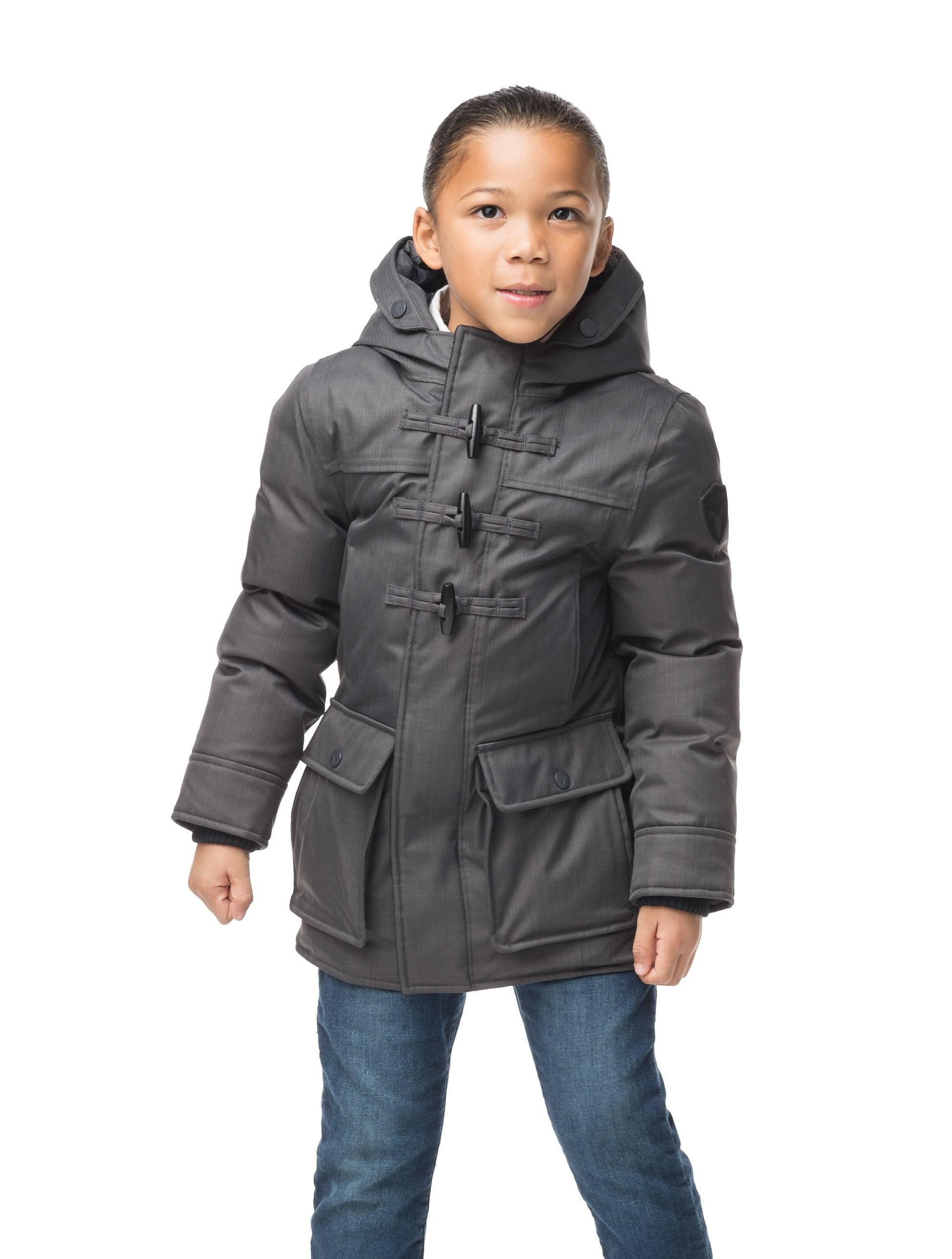 Kid's thigh high down coat with toggle closures in CH Steel Grey