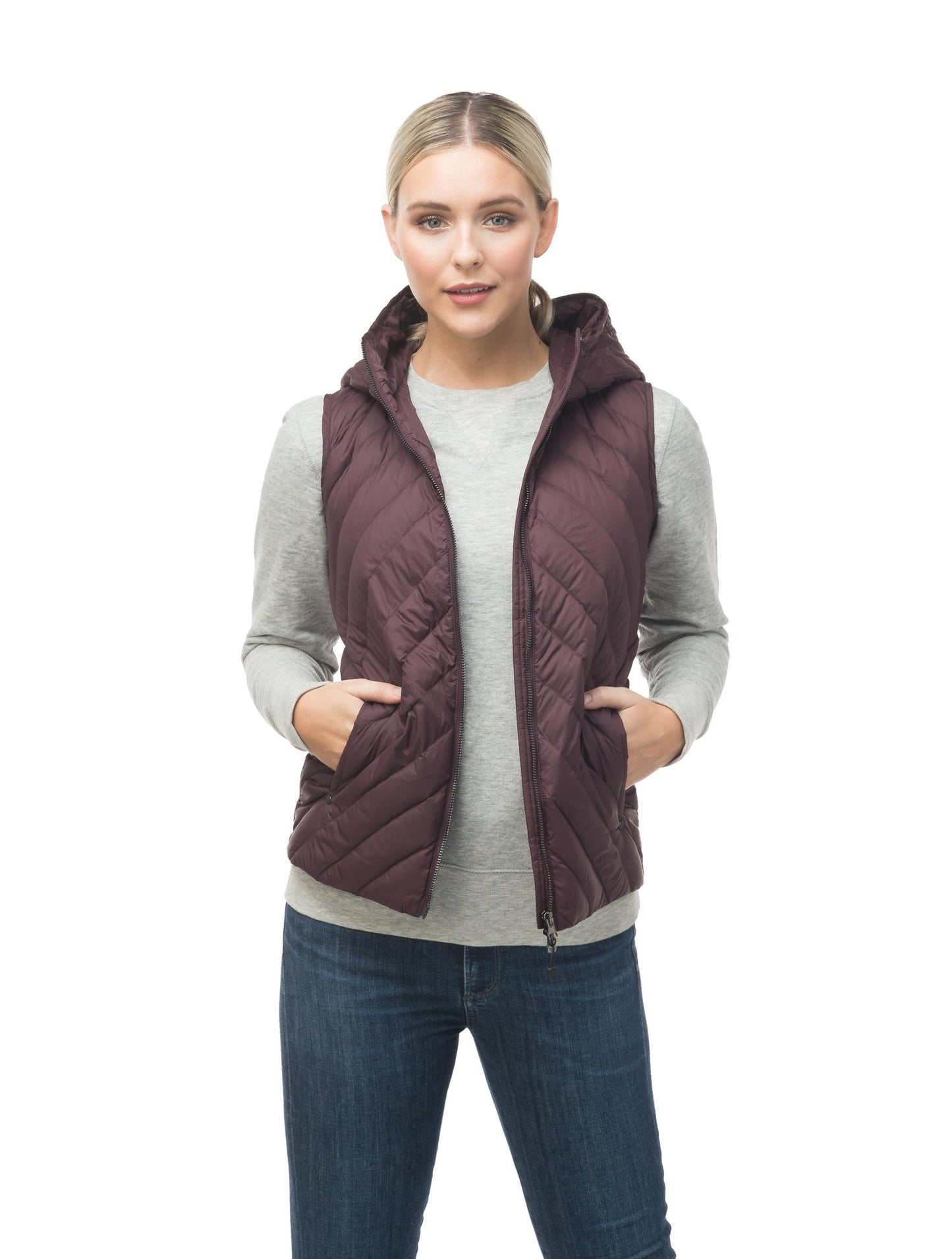 Women's down filled vest with diagonal quilting pattern throughout in Burgundy