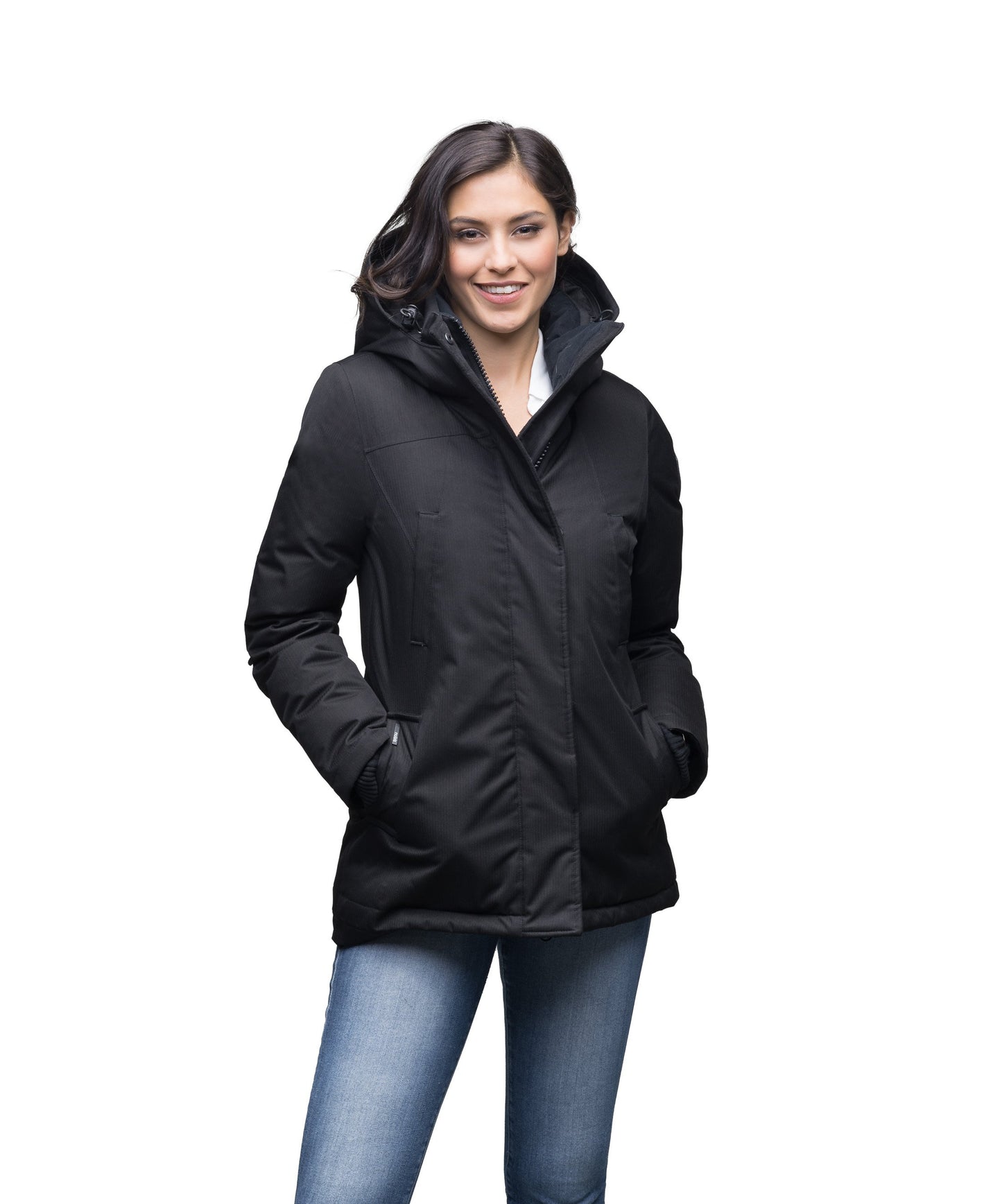 Women's hip length down filled parka in CH Black