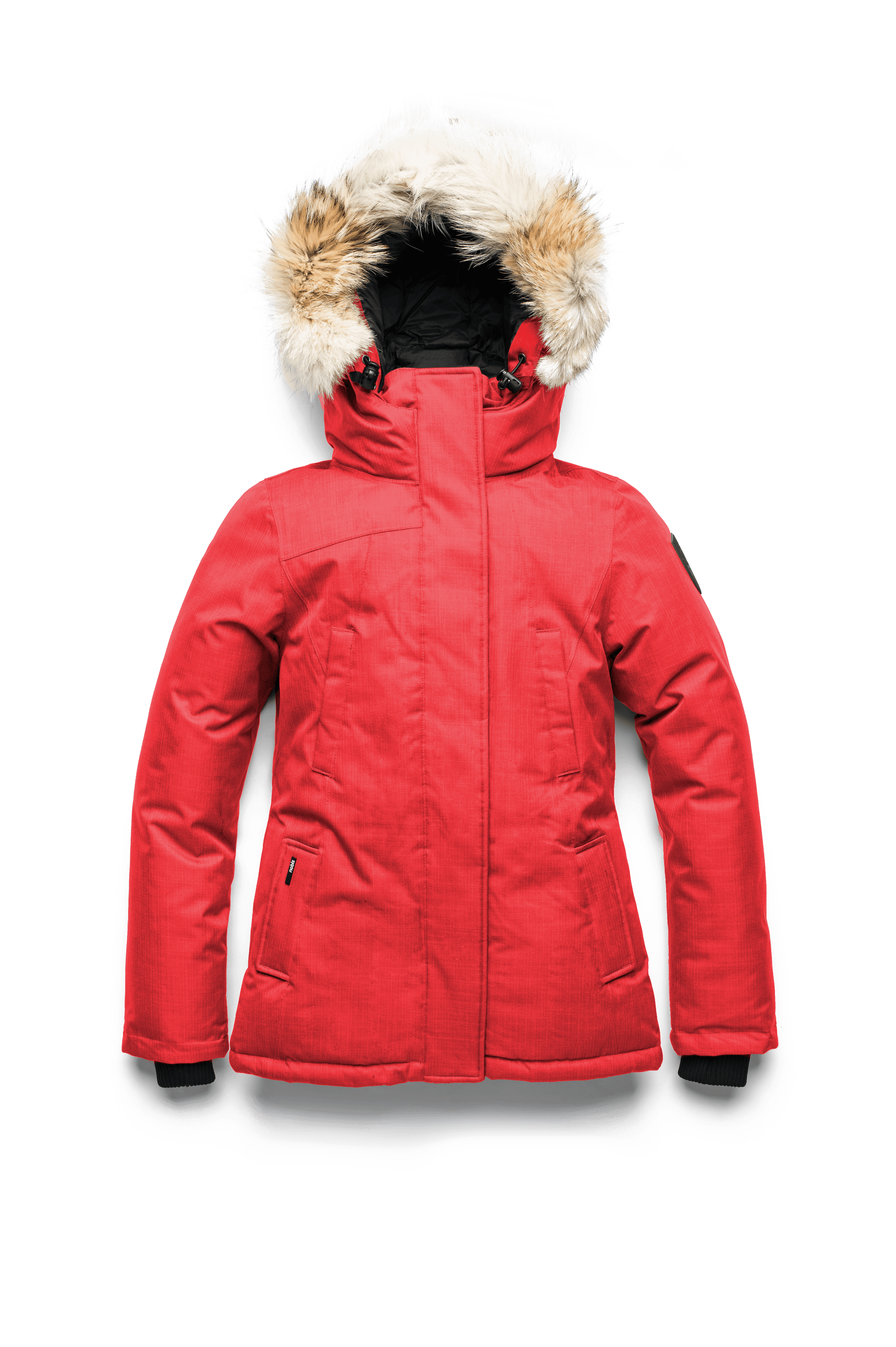 Women's hip length down filled parka in CH Red