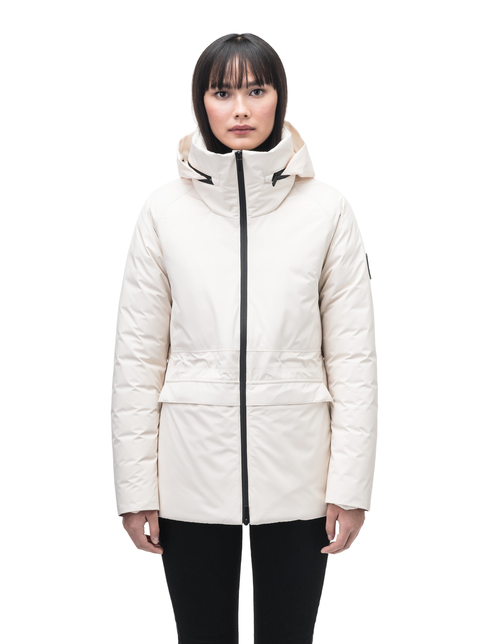 Litho Ladies Short Parka in hip length, Canadian duck down insulation, tuckable waterproof hood, and two-way zipper, in Wheat