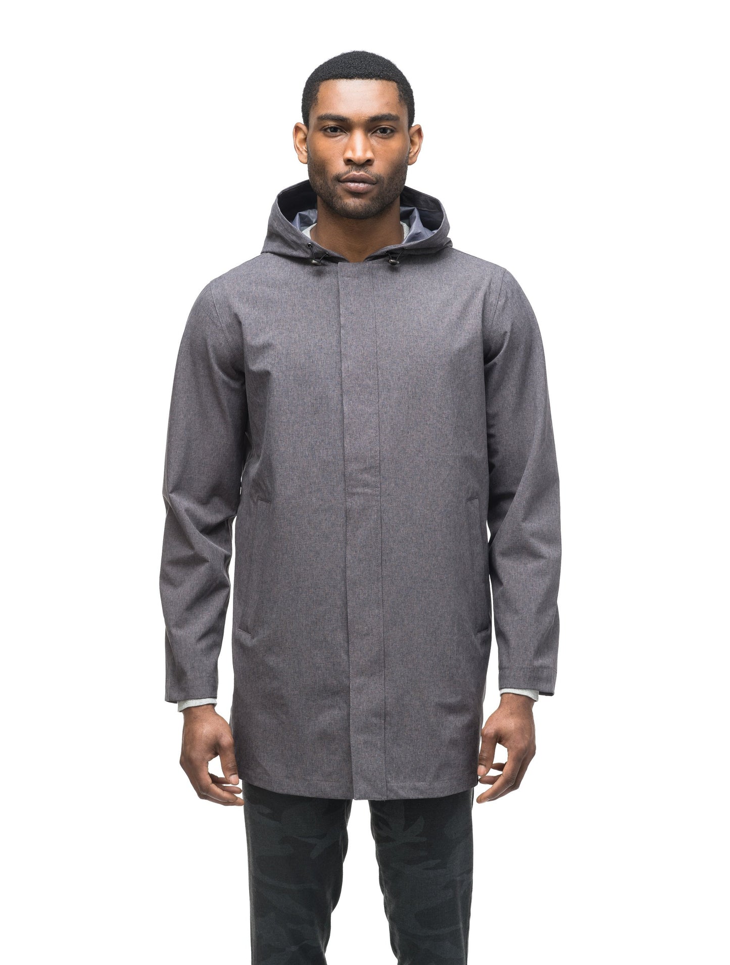 Men's thigh length rain coat with hood in Dk Grey