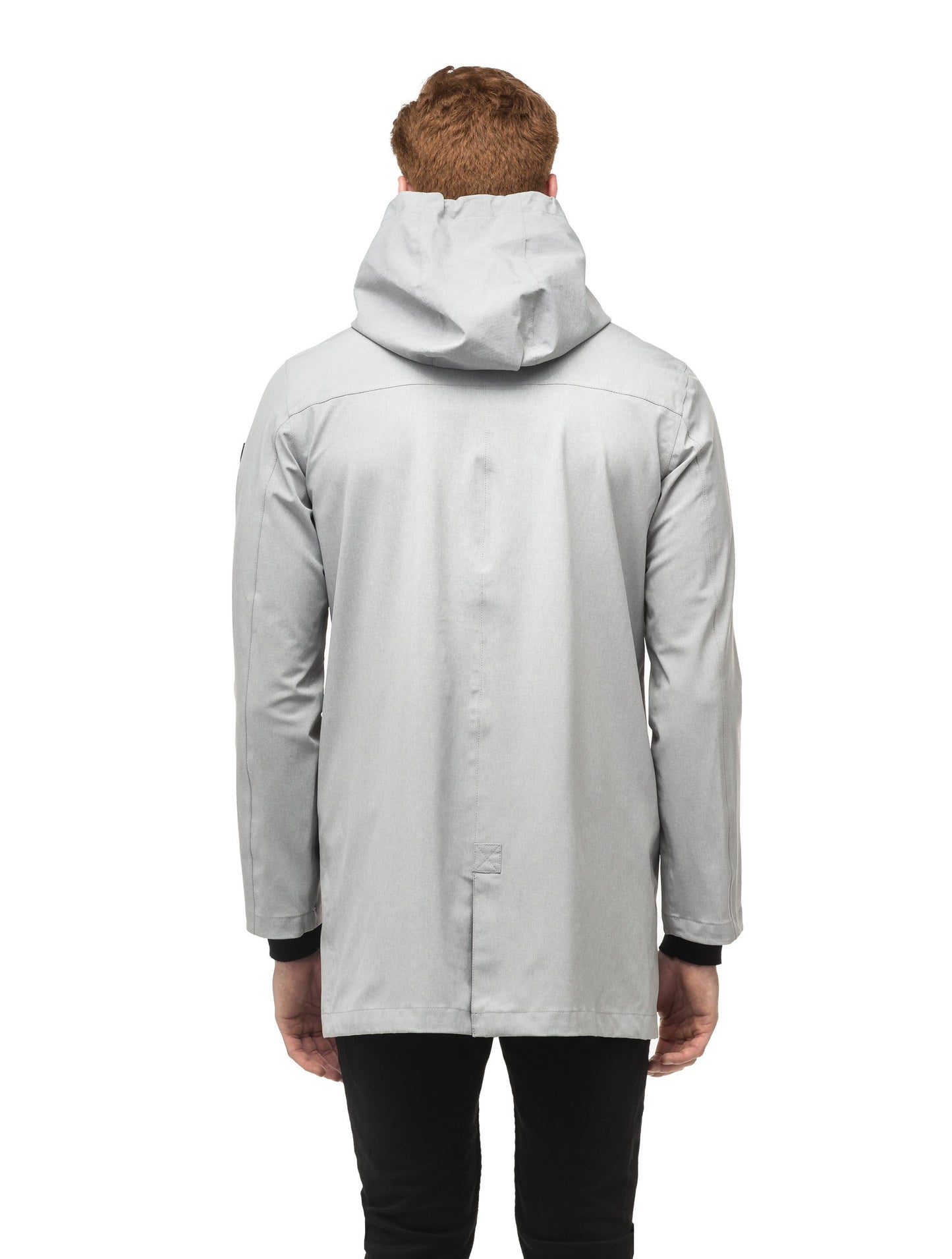 Men's thigh length rain coat with hood in Light Grey