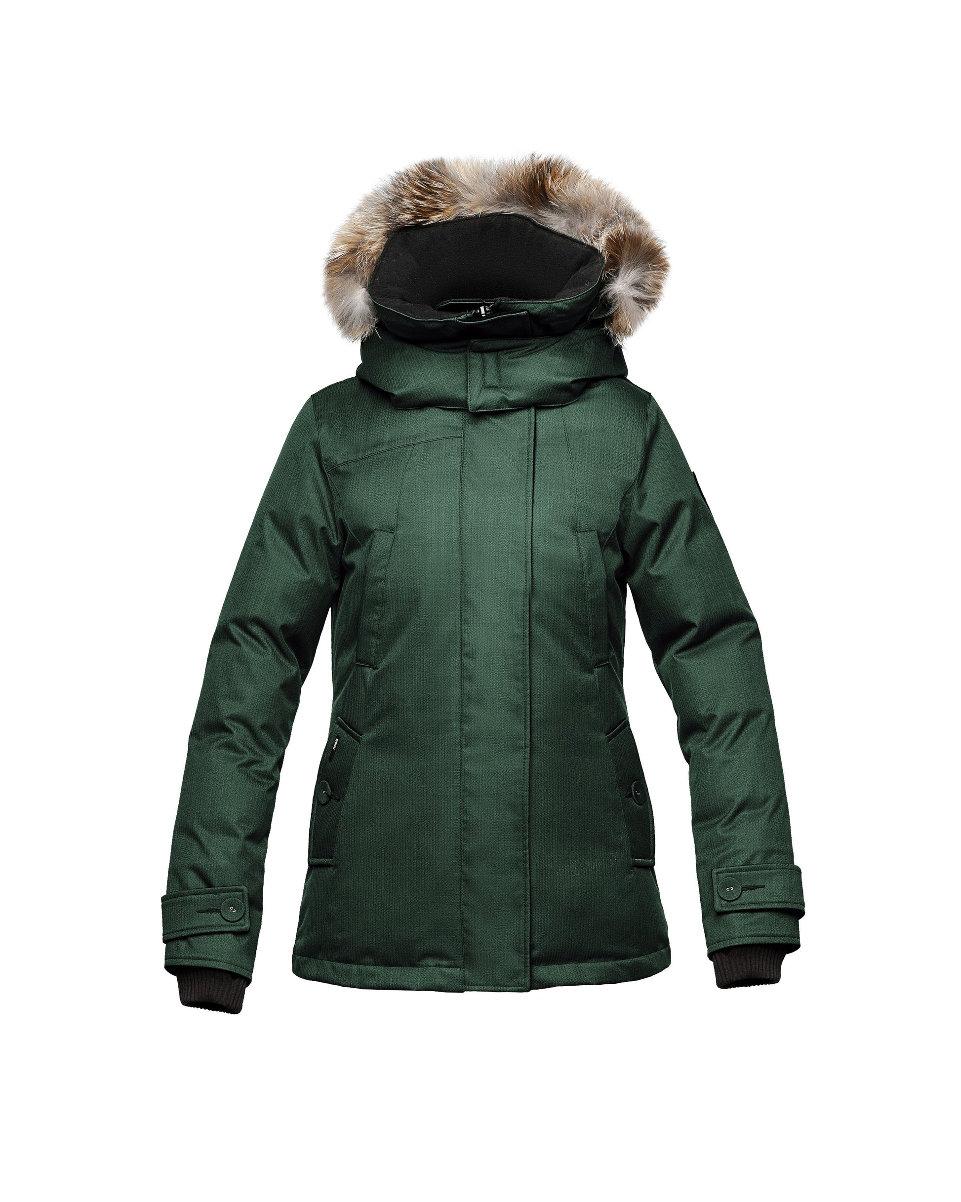 Women's down filled waist length parka with removable fur trim and removable hood in CH Forest