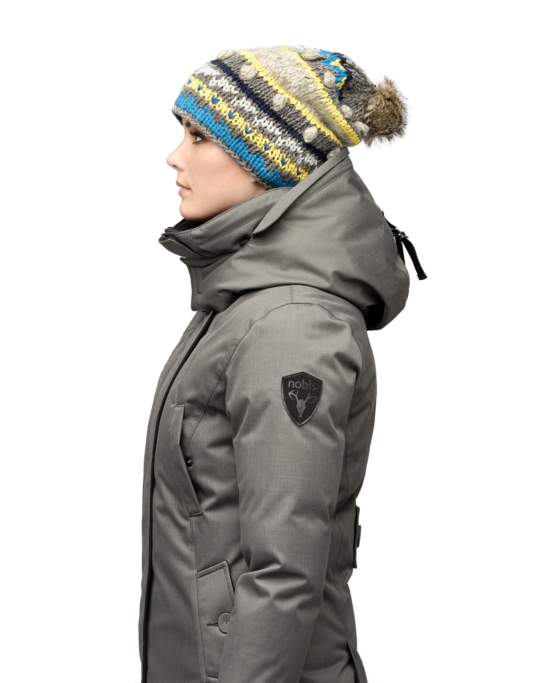 Women's down filled waist length parka with removable fur trim and removable hood in CH Steel Grey