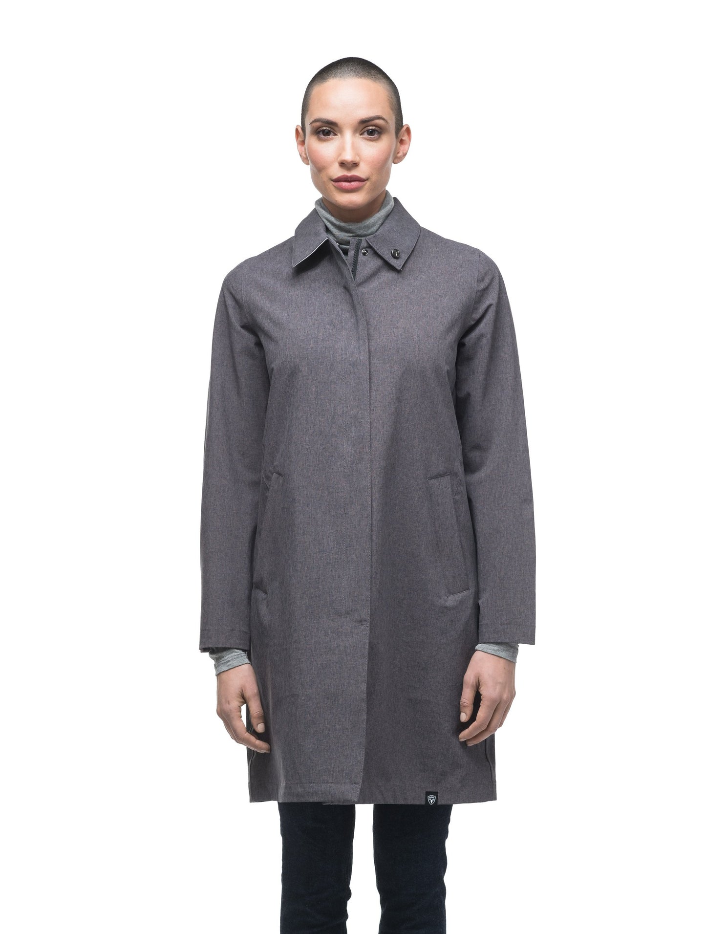 Women's thigh length collared rain jacket in Dk Grey